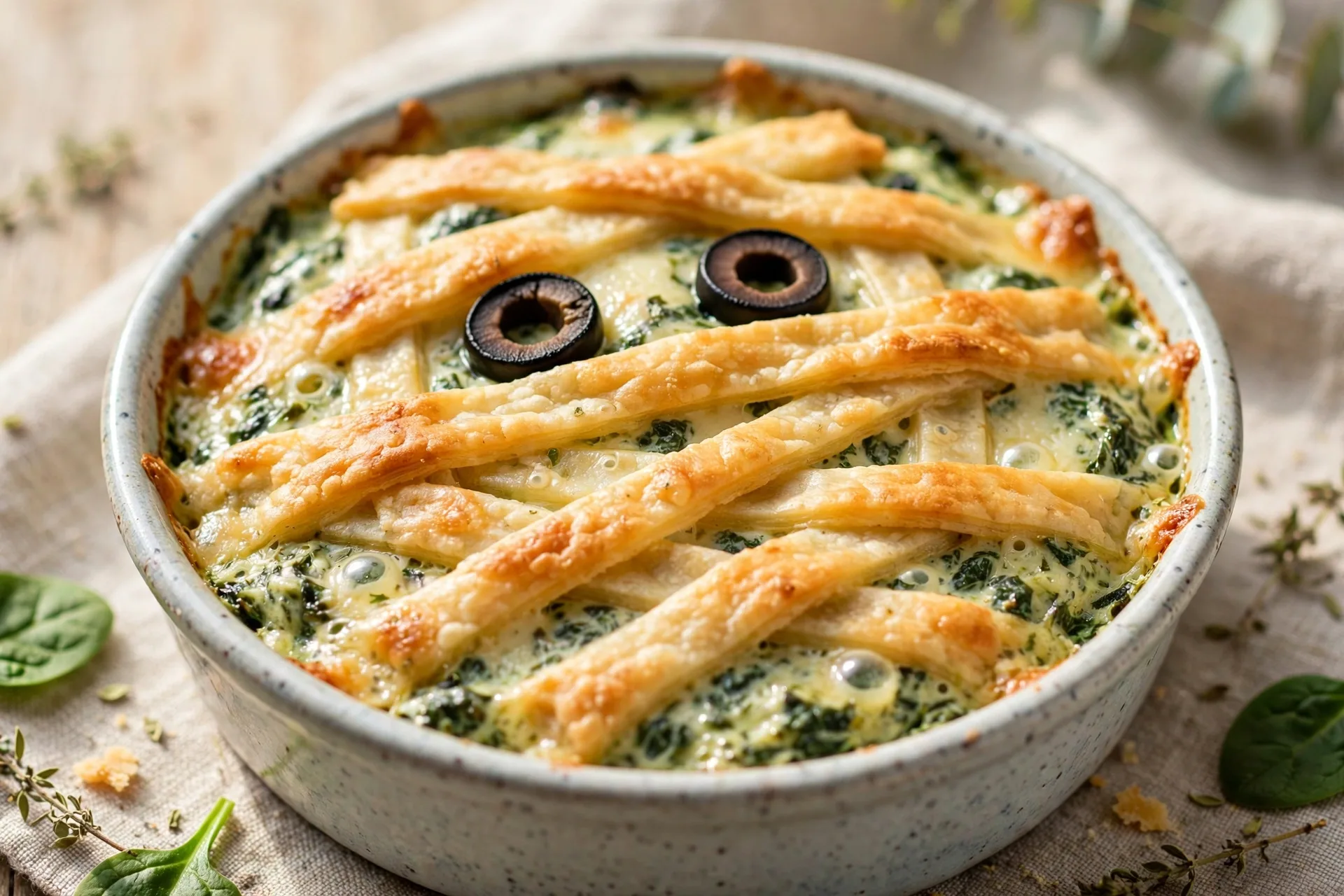 Warm spinach dip wrapped in pastry strips like a mummy, with two olive eyes peeking out.