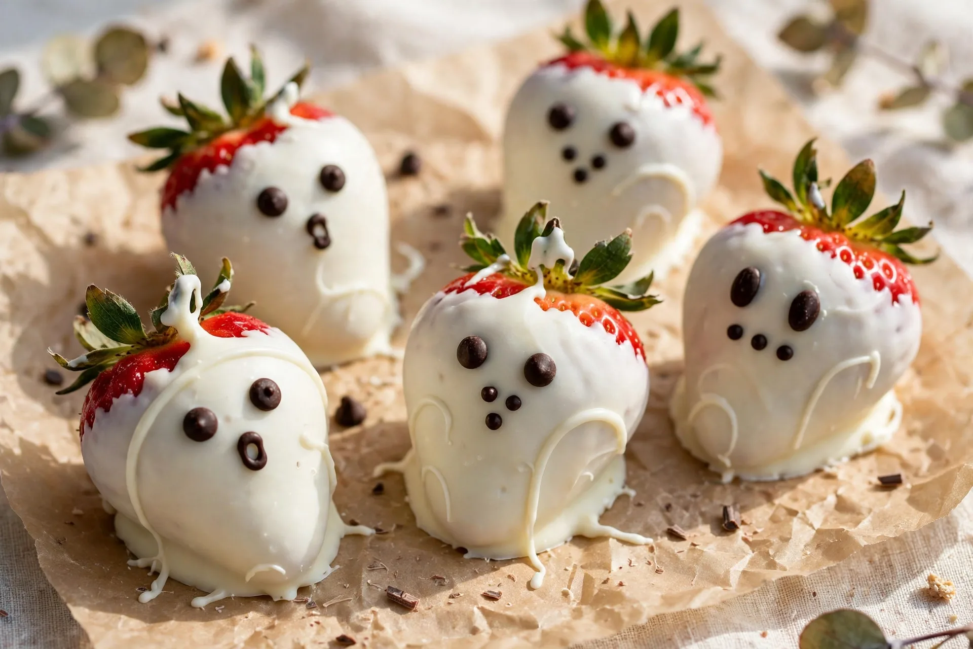 Fresh strawberries dipped in white chocolate with tiny chocolate chip faces.