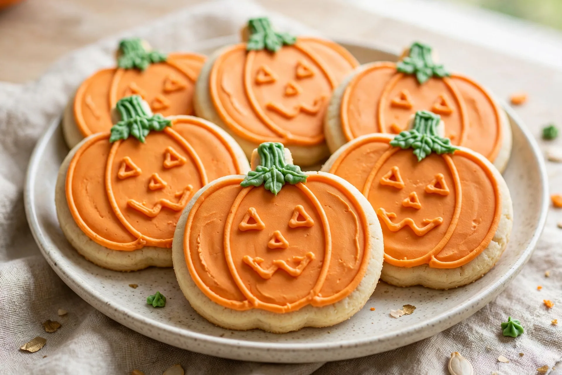Soft sugar cookies shaped like pumpkins with orange frosting and a green stem.