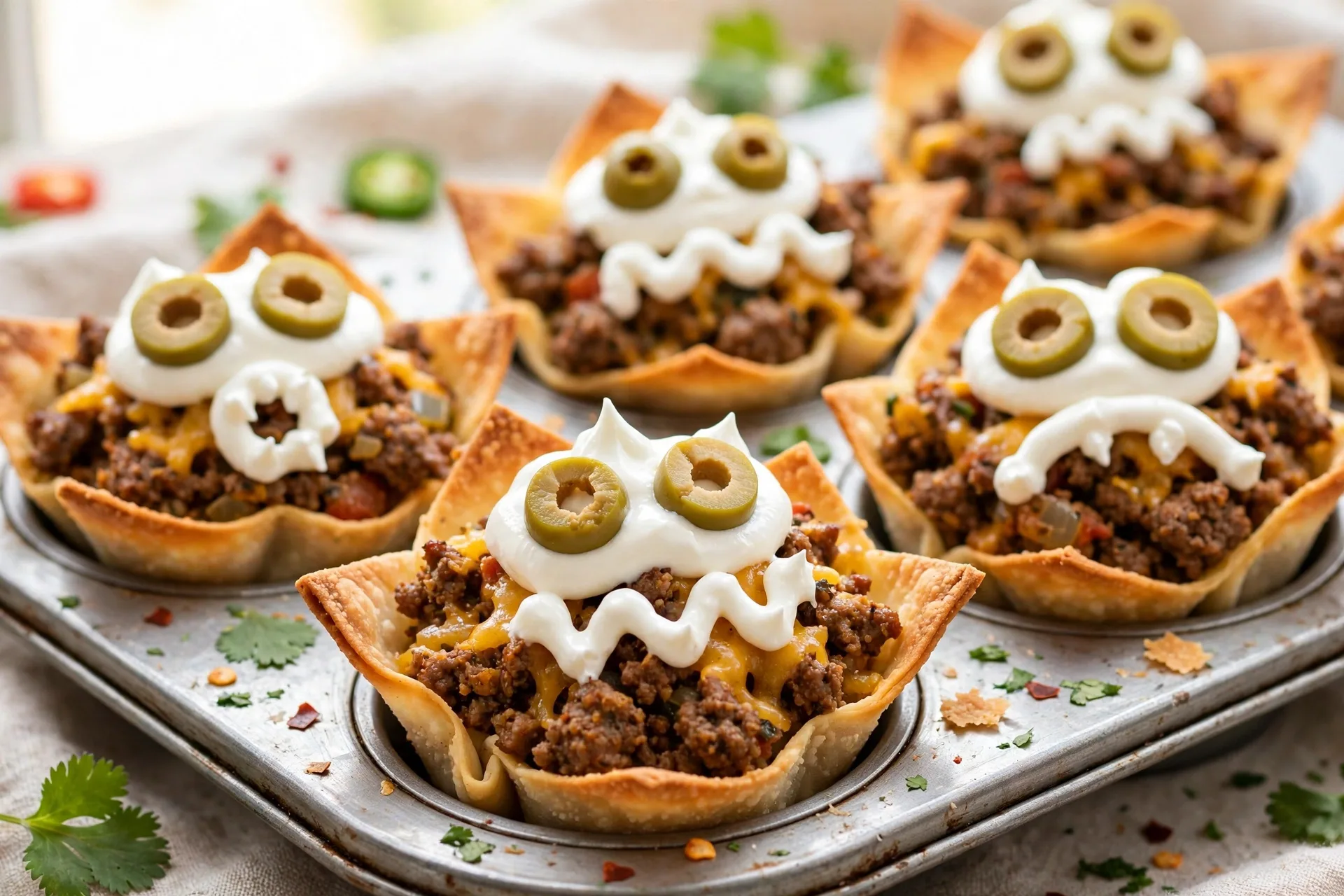 Crisp wonton cups filled with taco meat, cheese, and a sour cream monster face.