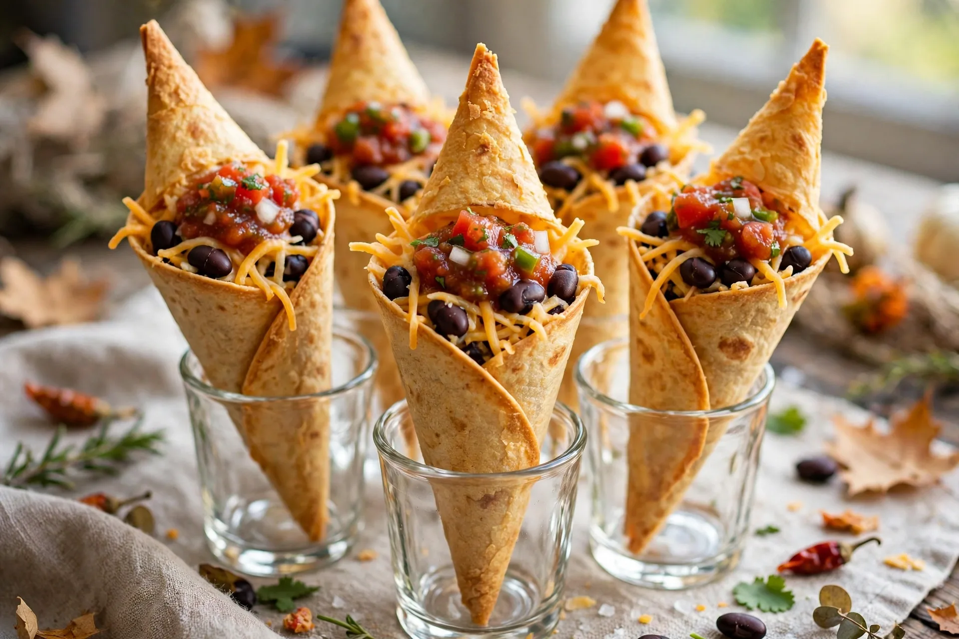 Crisp tortilla cones filled with cheese and beans, standing point-up like witch hats.