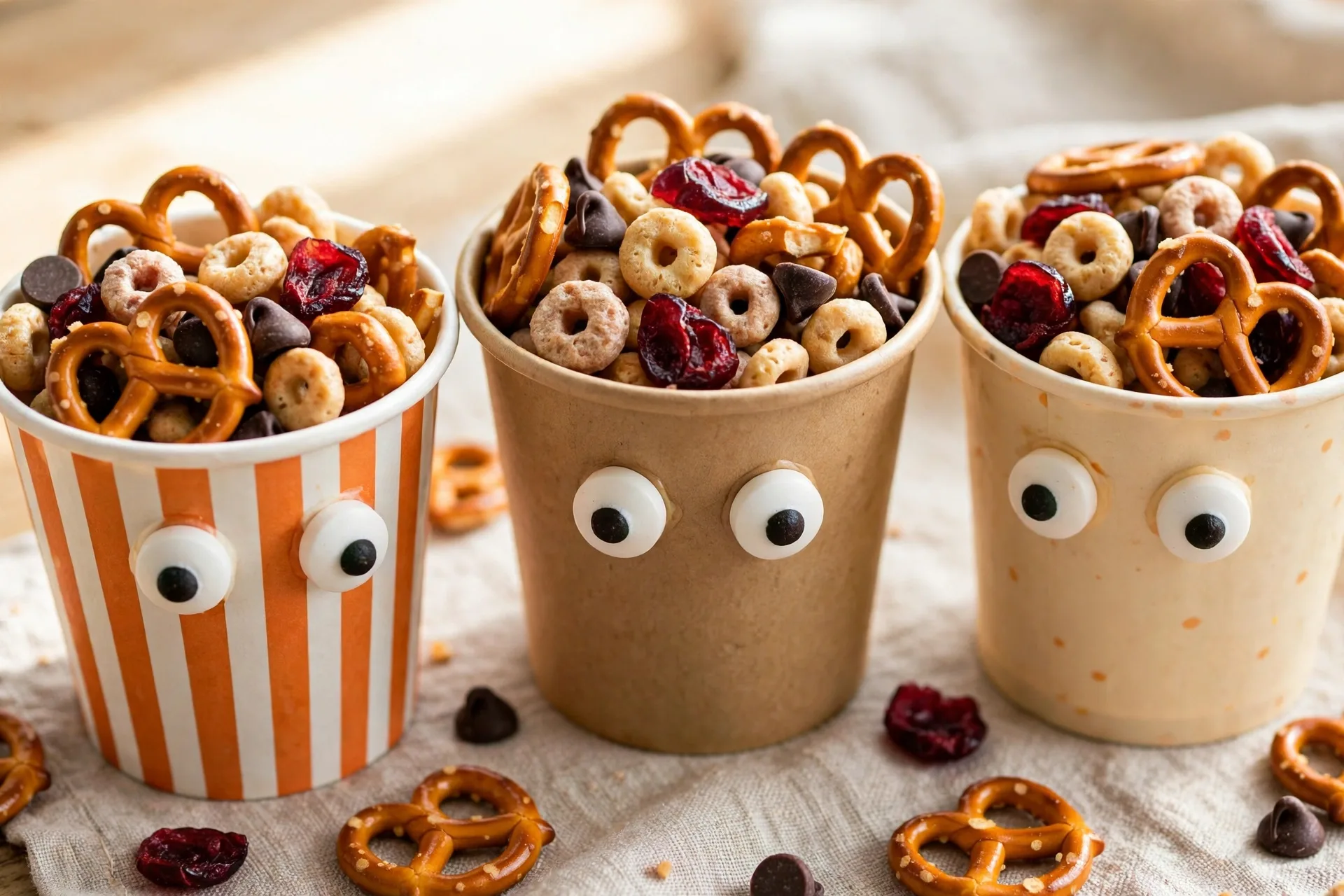 Small cups of trail mix with candy eyes on the outside, like little monsters.