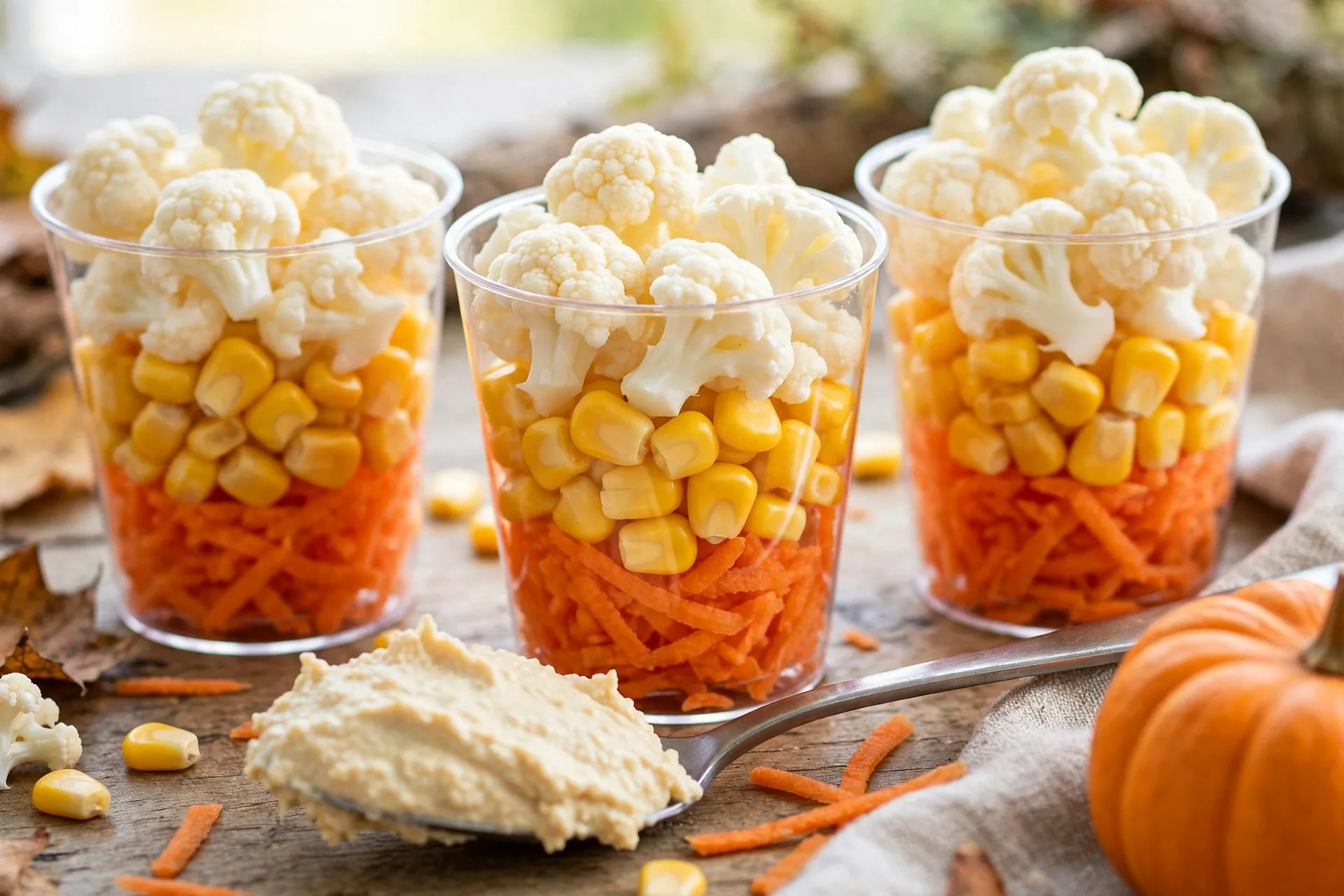 Clear cups layered orange, yellow, and white like candy corn, but filled with veggies and dip.