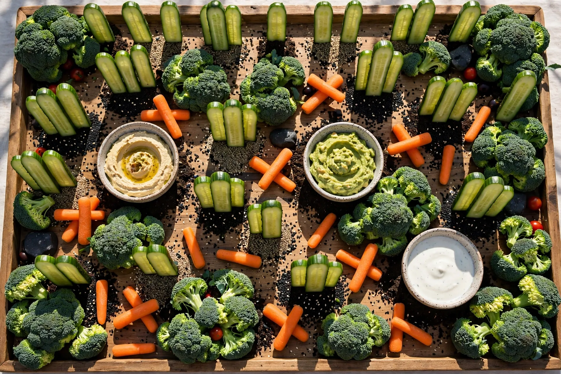 A veggie tray built like a graveyard: cucumber tombstones, carrot bones, and dip graves.
