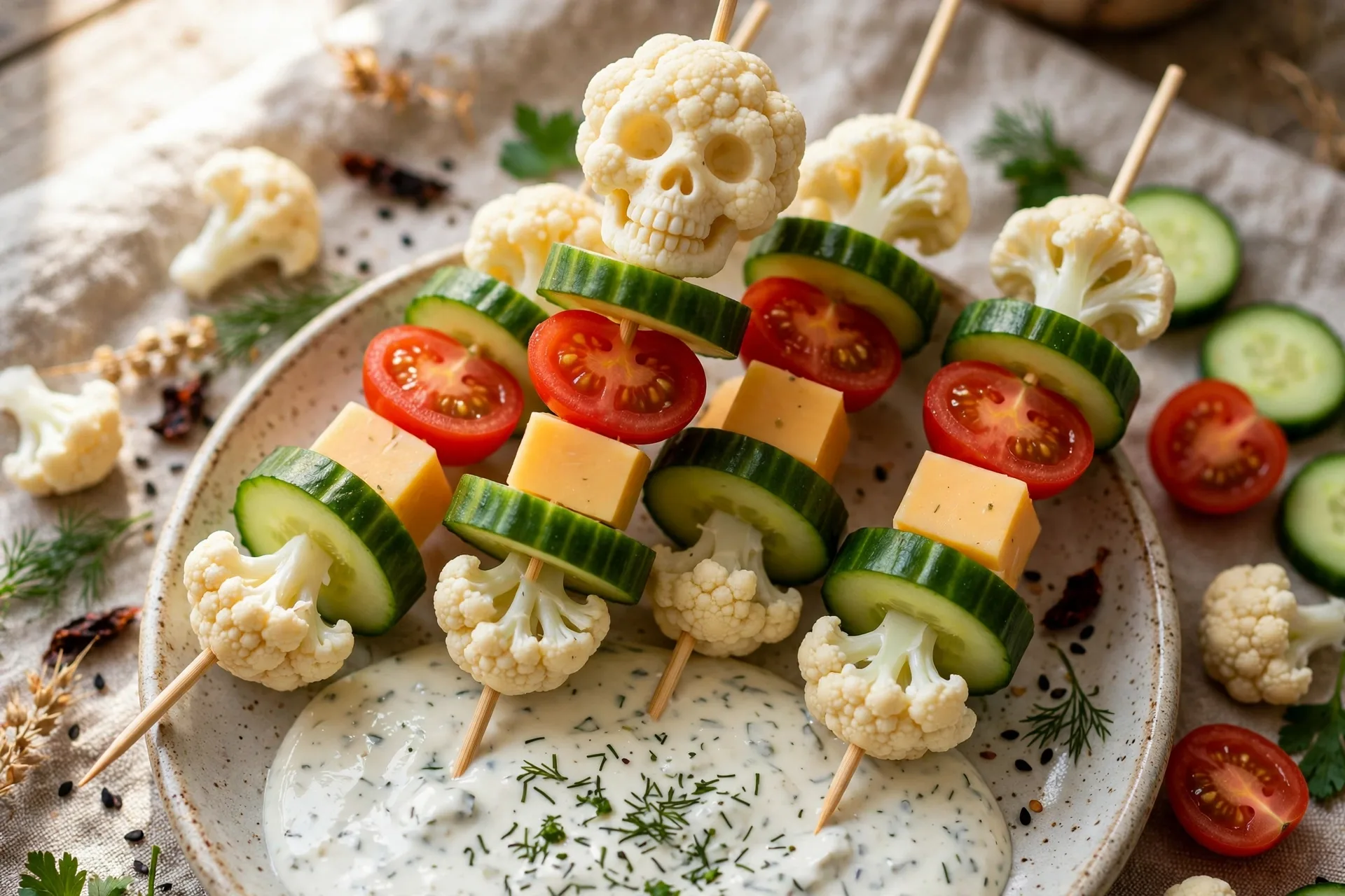 Veggie pieces threaded on blunt skewers in a bone-white row, with a cauliflower skull on top.