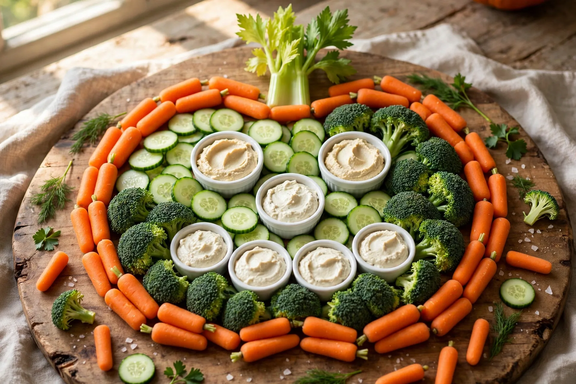 A pumpkin-shaped vegetable tray: baby carrots, cucumbers and broccoli arranged as a jack-o-lantern face with dip cups