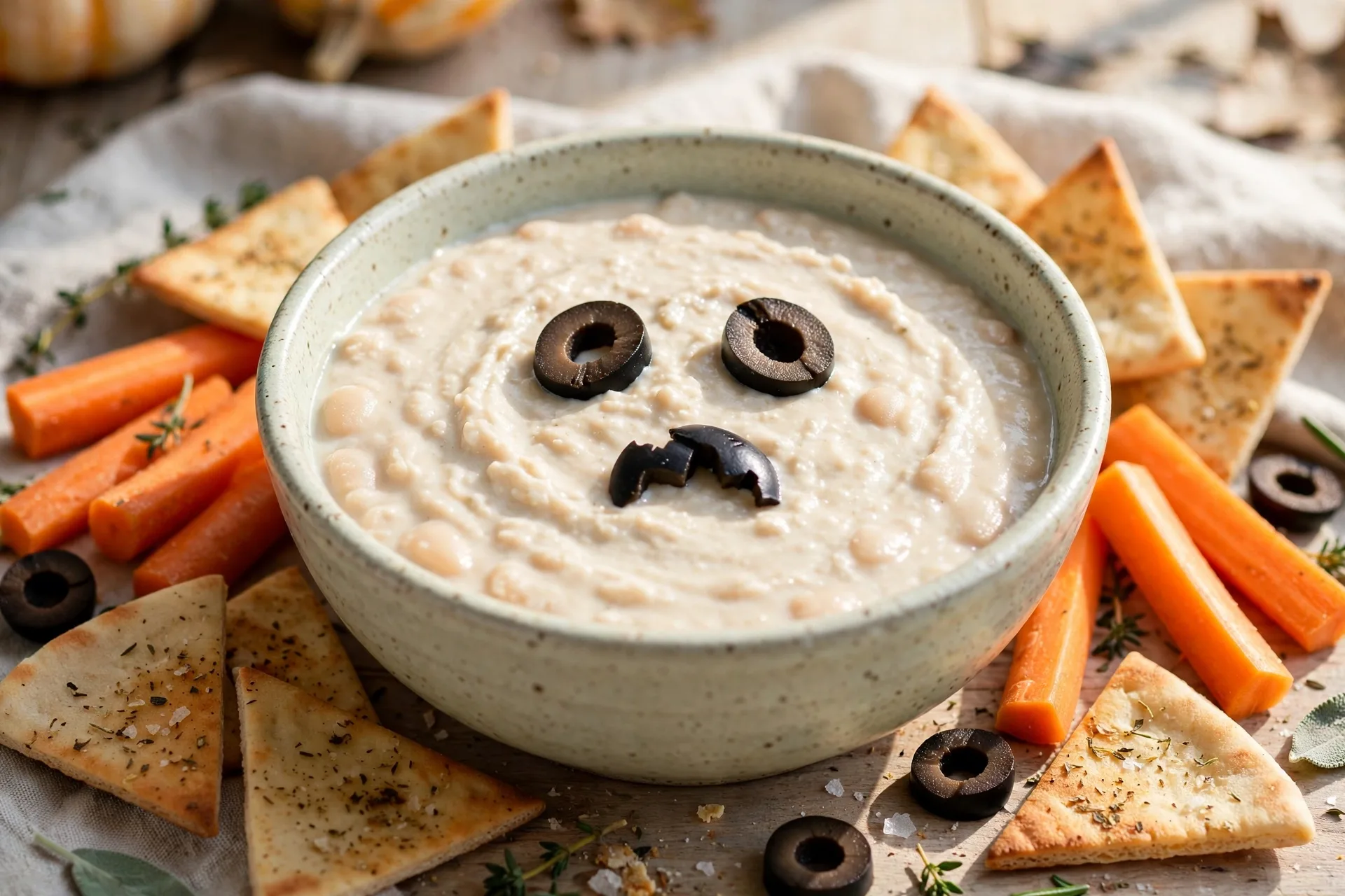 A pale creamy dip with a ghost face made from olive pieces floating on top.
