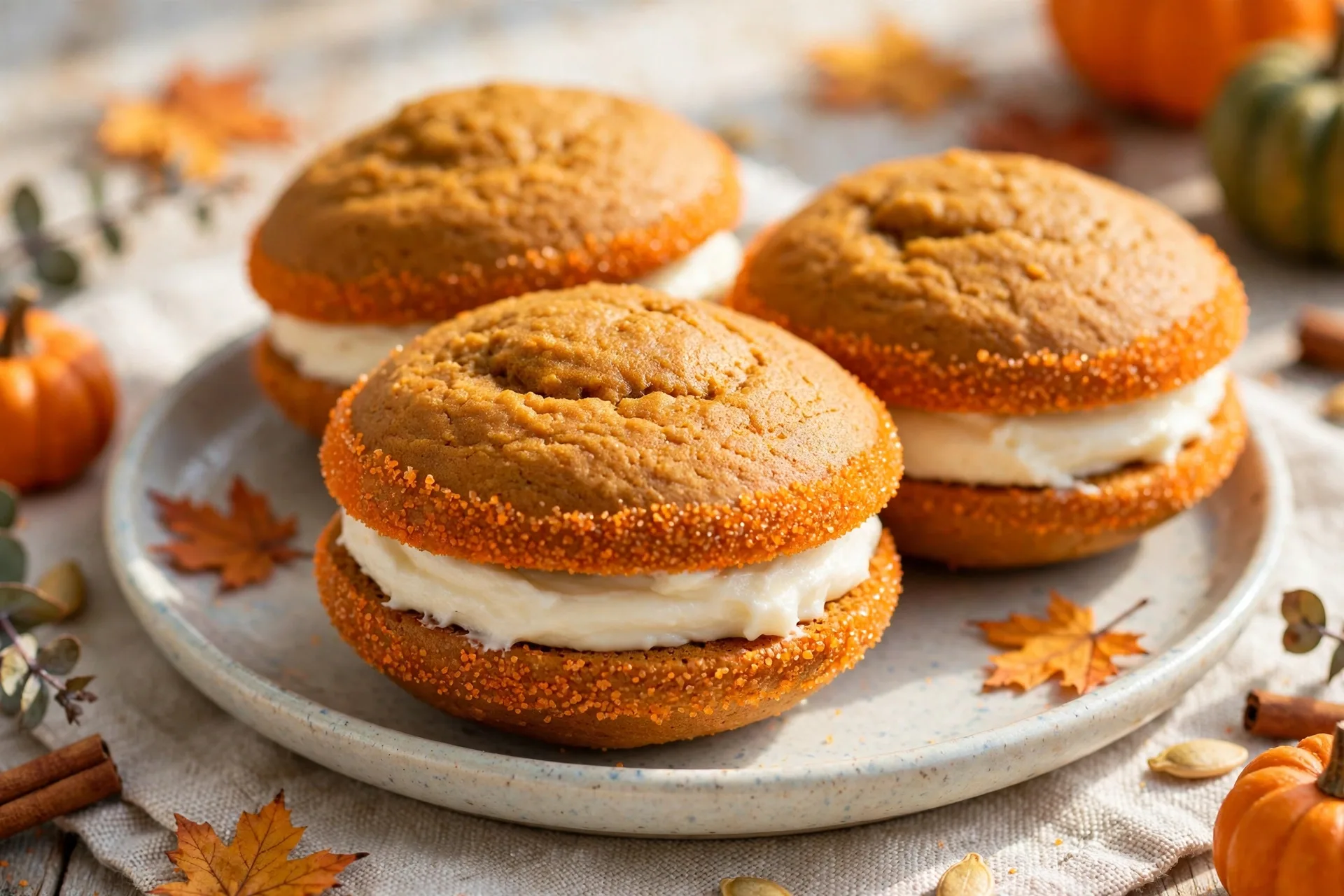 Soft pumpkin cakes sandwiched with cream cheese filling, like little pumpkins.