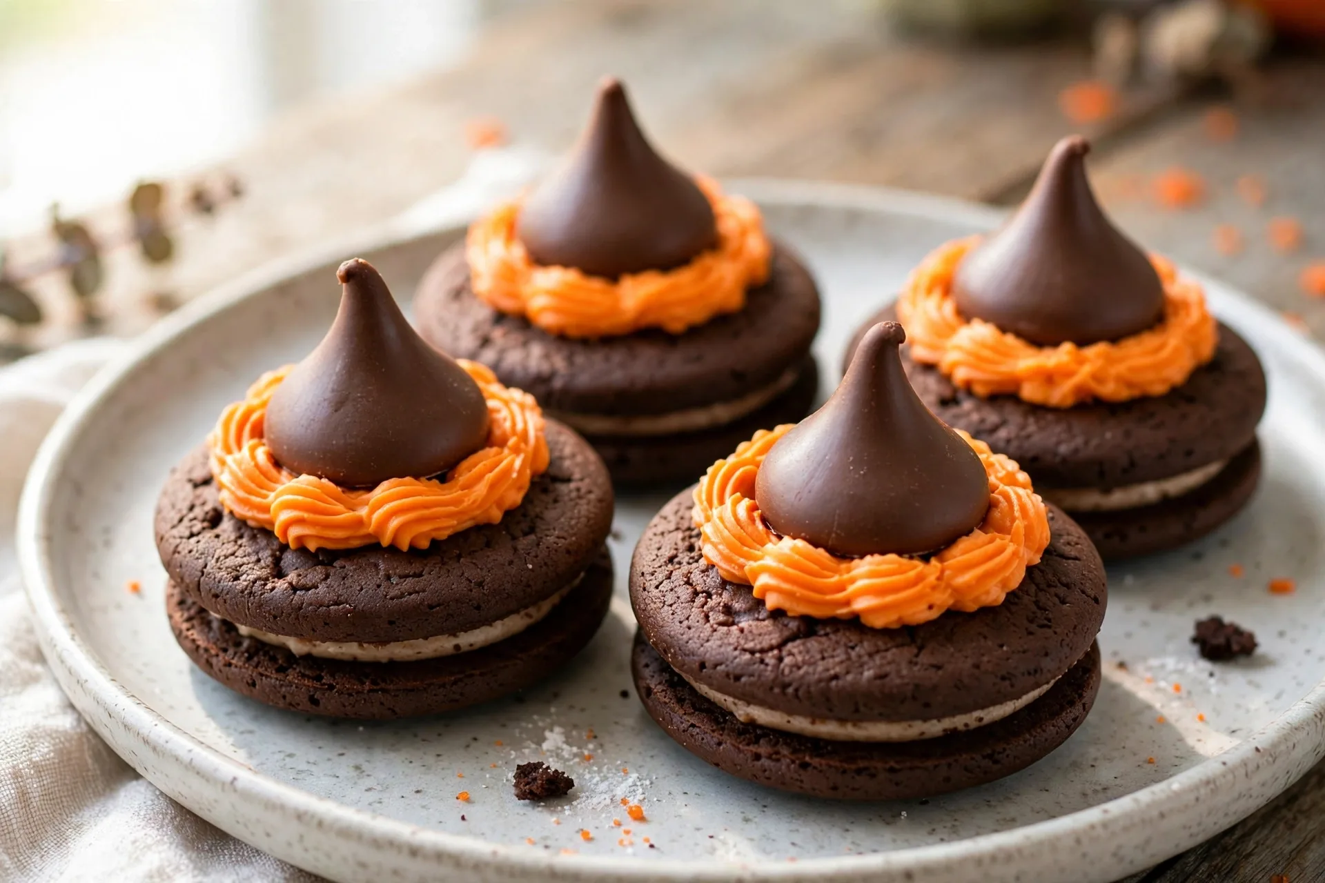 Chocolate cookies topped with a candy kiss and a cookie brim, like little witch hats.