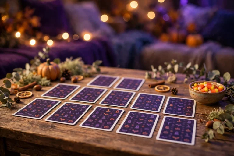 A cozy Halloween game night table with face-down illustrated matching cards, a bowl of candy corn, and warm string lights glowing in the background