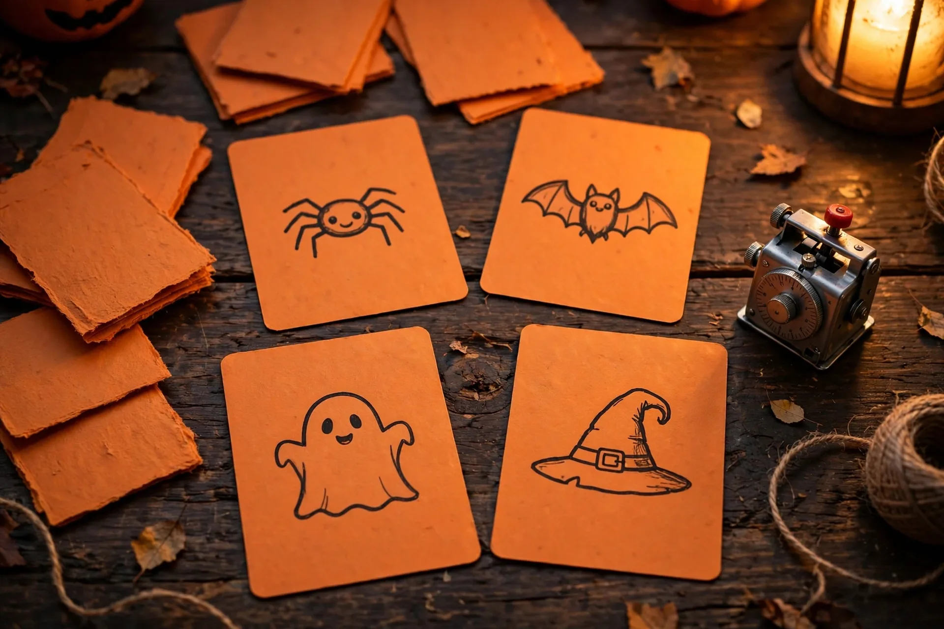 Handmade orange Halloween matching game cards with cartoon spider, bat, ghost and witch hat drawings beside a kitchen timer
