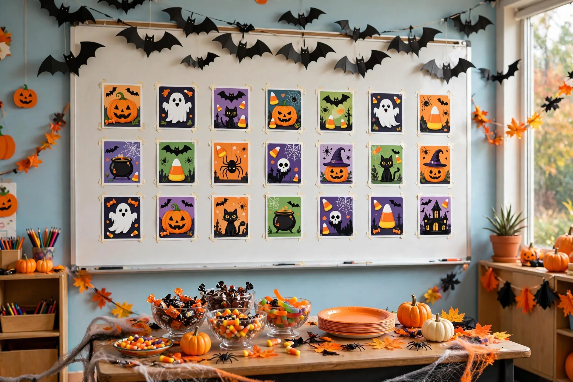 A classroom Halloween party with matching game cards taped in a grid on the whiteboard and a candy-filled party table