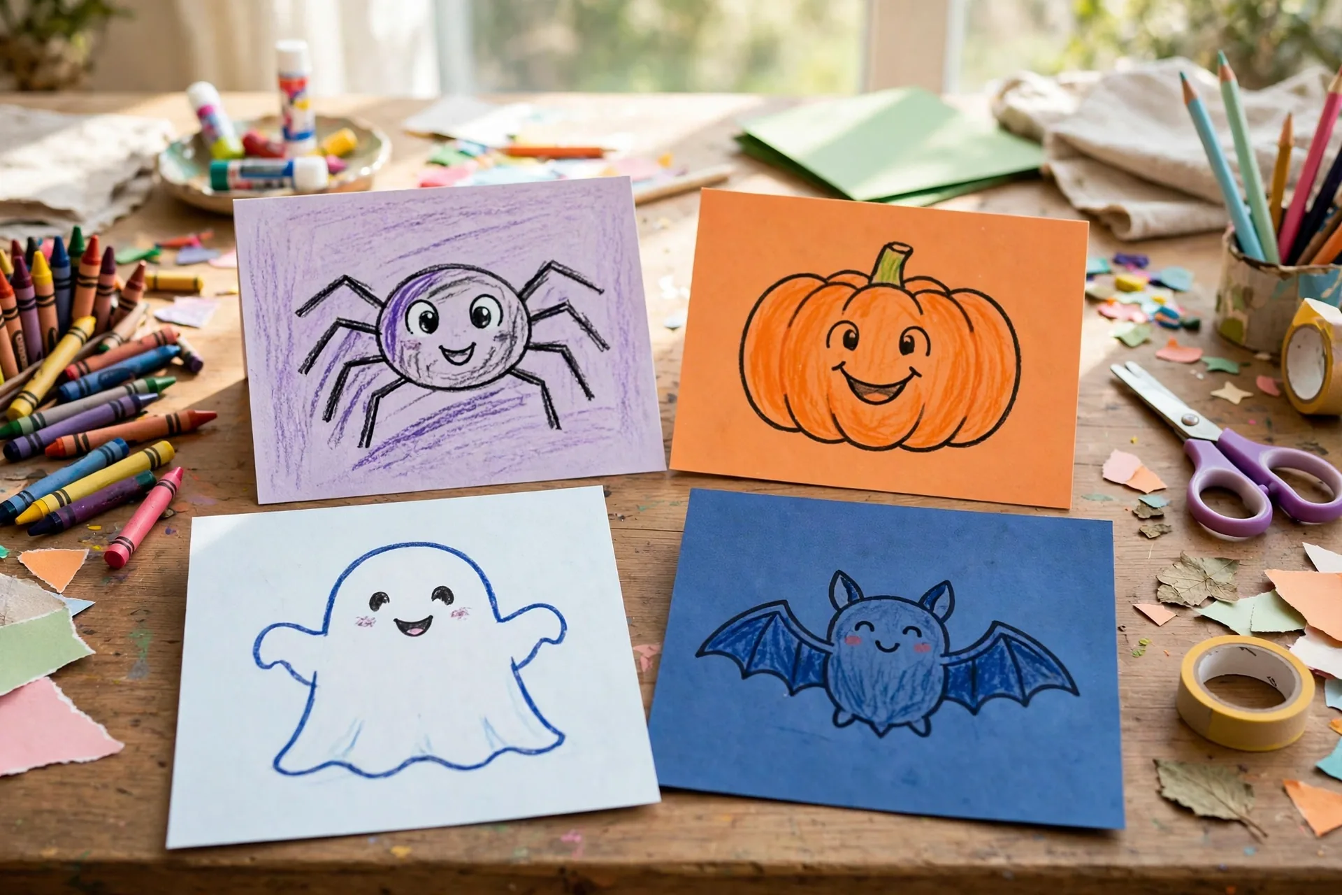 Handmade colorful picture matching cards for kids with a friendly spider, pumpkin, ghost and bat on a craft table