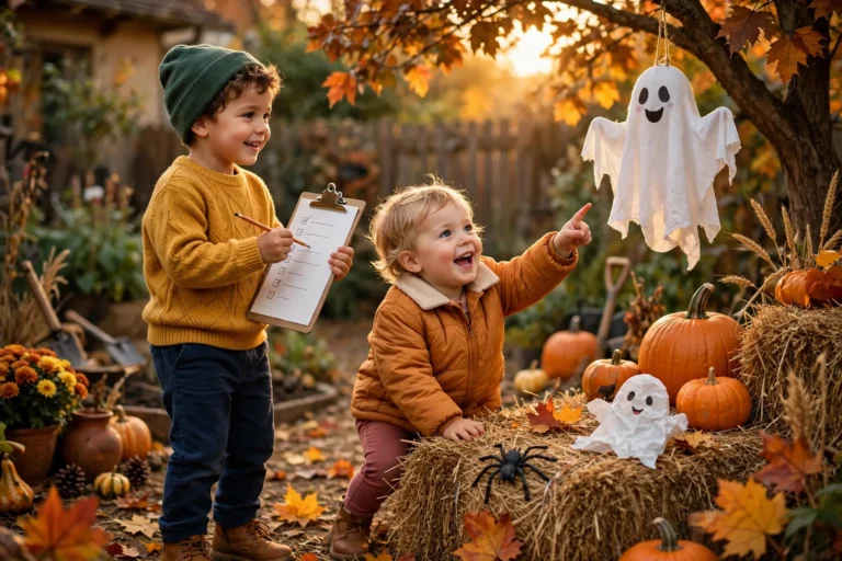 Two young children on a Halloween scavenger hunt in an autumn backyard at golden hour, one holding a paper checklist, the other pointing at a friendly ghost decoration