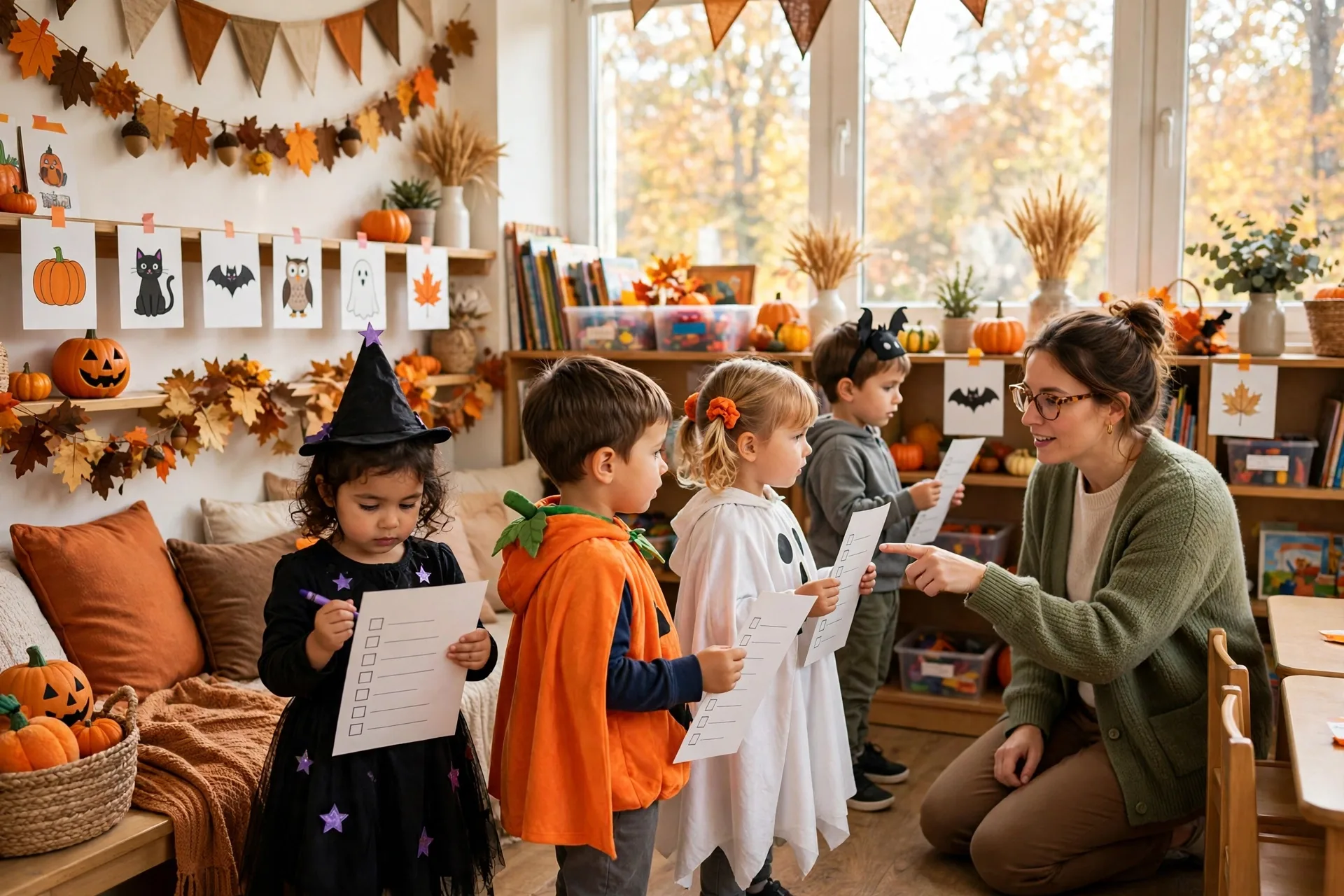 Bright preschool classroom during a Halloween scavenger hunt with small children in cute costumes checking paper lists