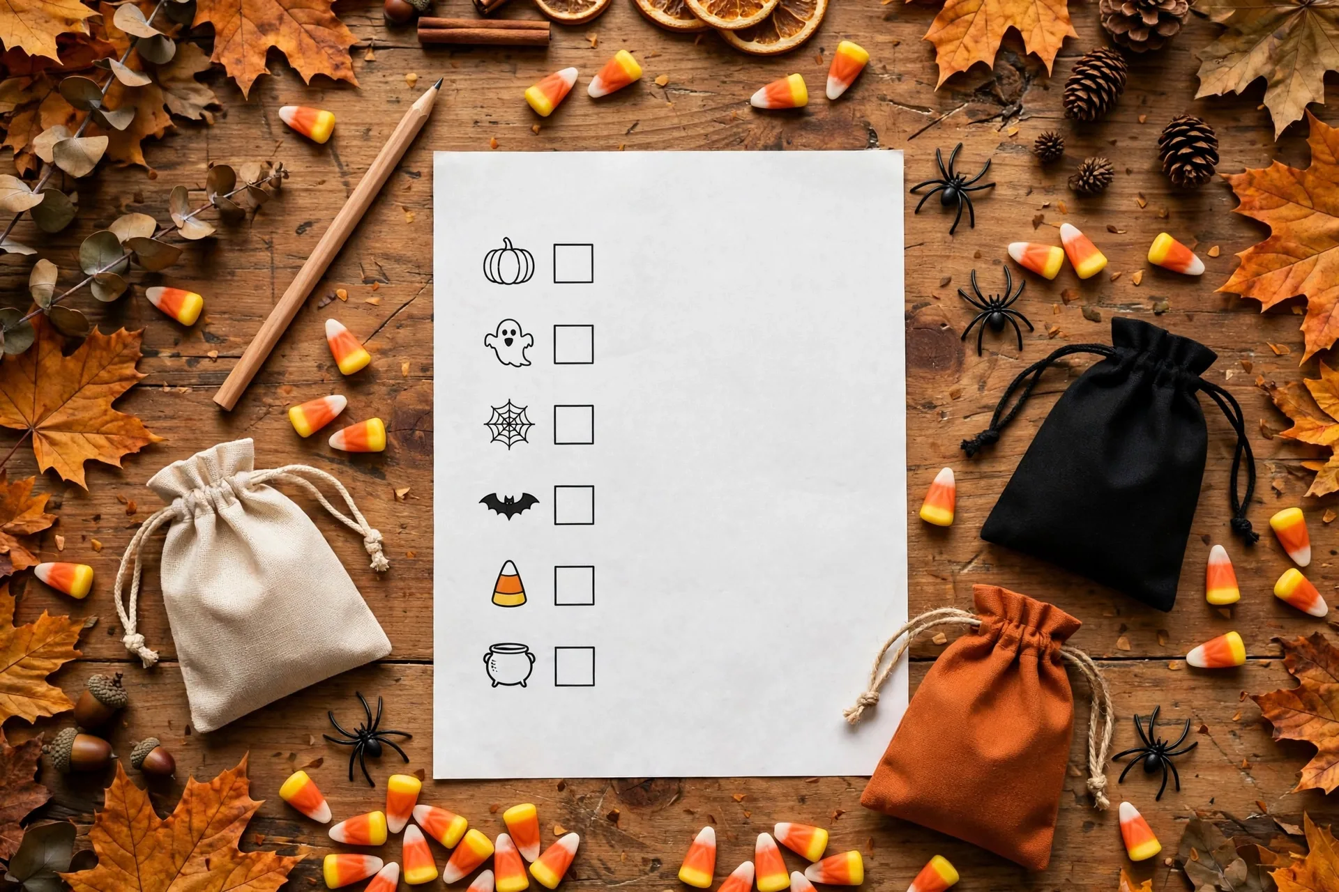 Flat lay of the Halloween scavenger hunt printable checklist with check boxes, a pencil, prize bags, and Halloween decorations on a wooden table