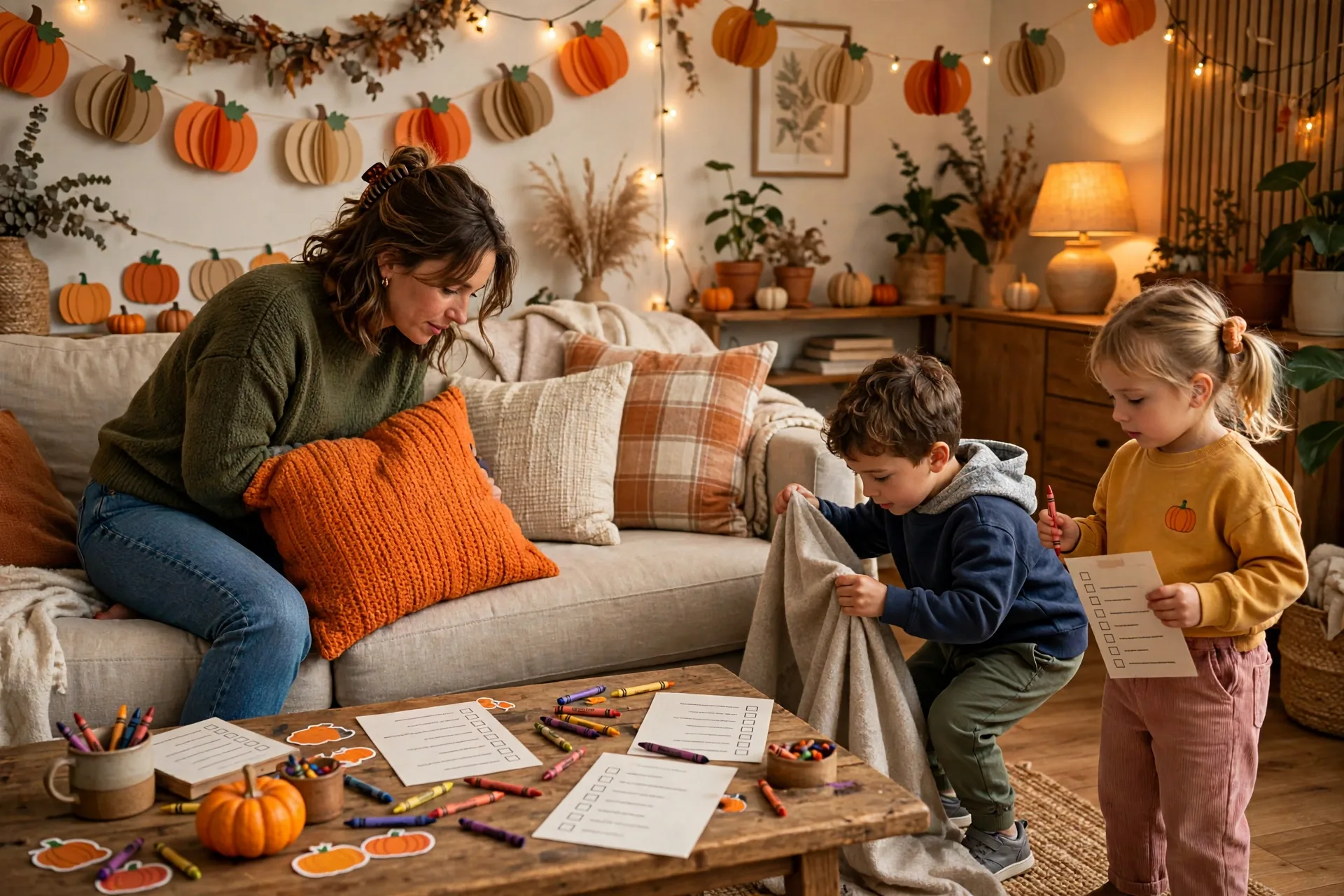 Mom hiding a small toy bat behind a sofa pillow while two children search a cozy living room decorated for Halloween