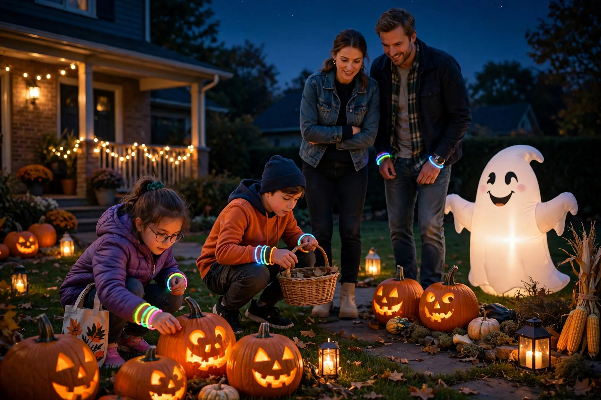 Family night-time Halloween scavenger hunt in a front yard with children wearing glow bracelets searching among glowing pumpkins while parents supervise