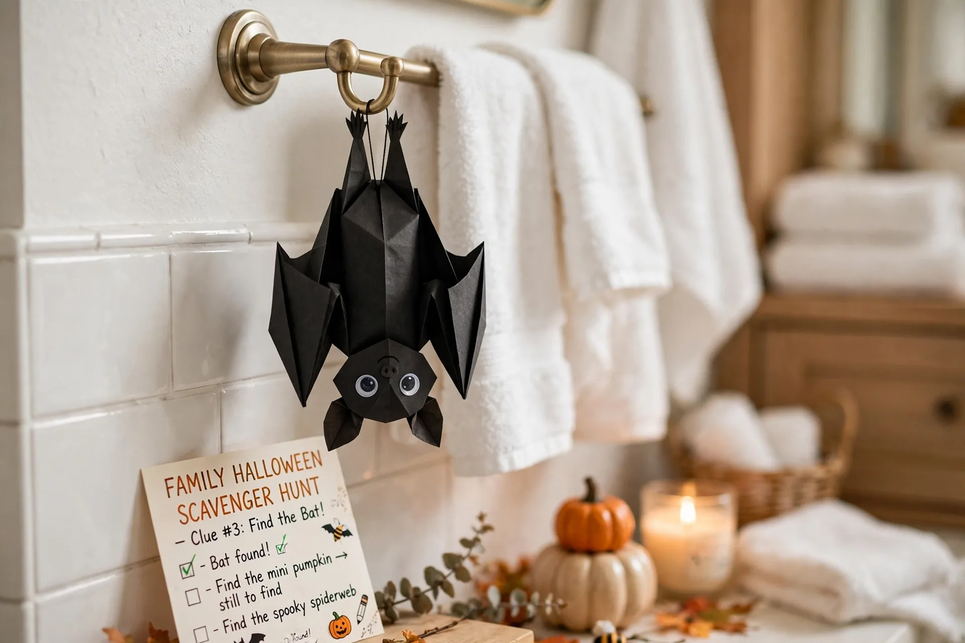 A cute black paper bat decoration hanging upside down from a bathroom towel hook