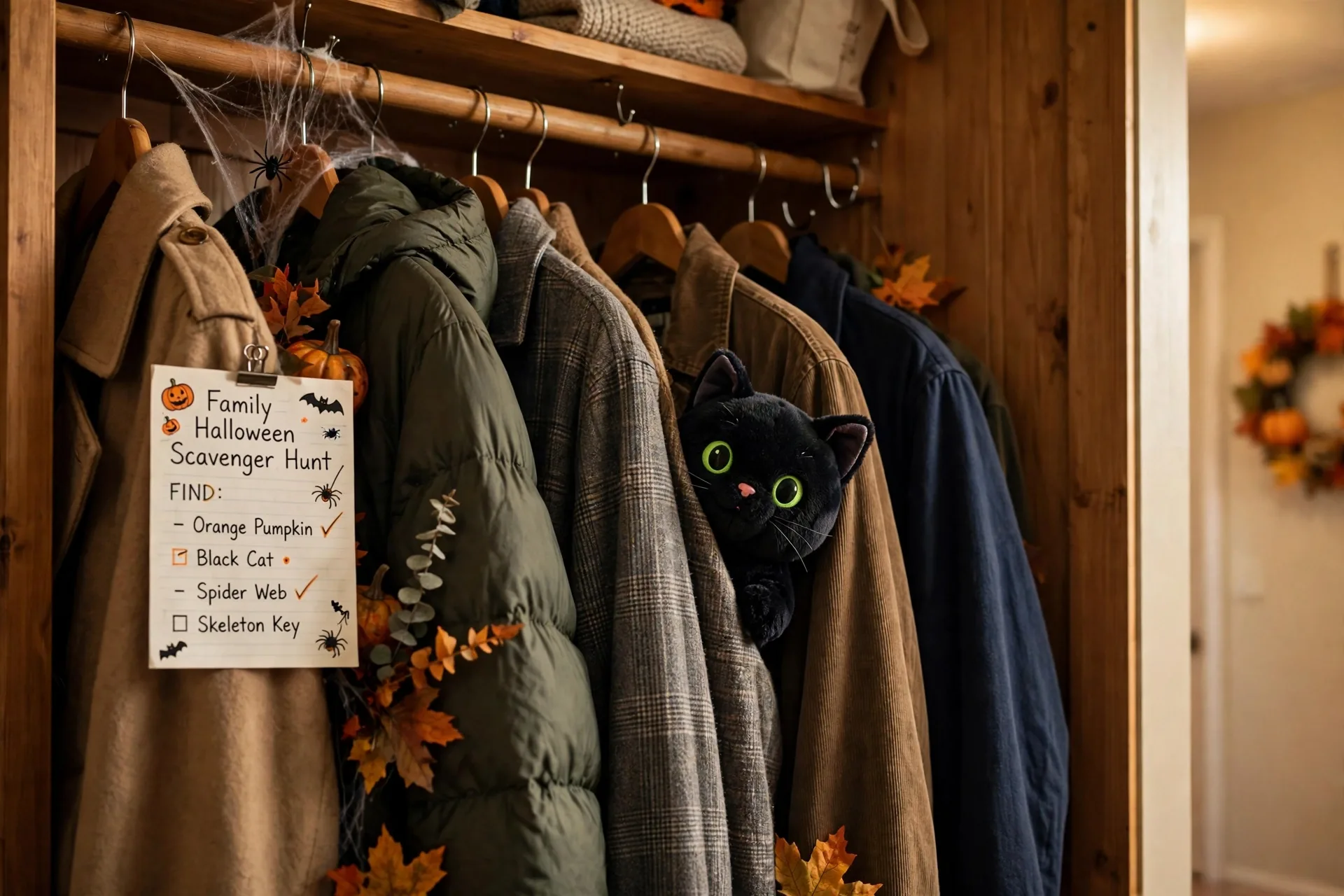 A cute plush black cat toy with green eyes peeking out from among coats in a closet