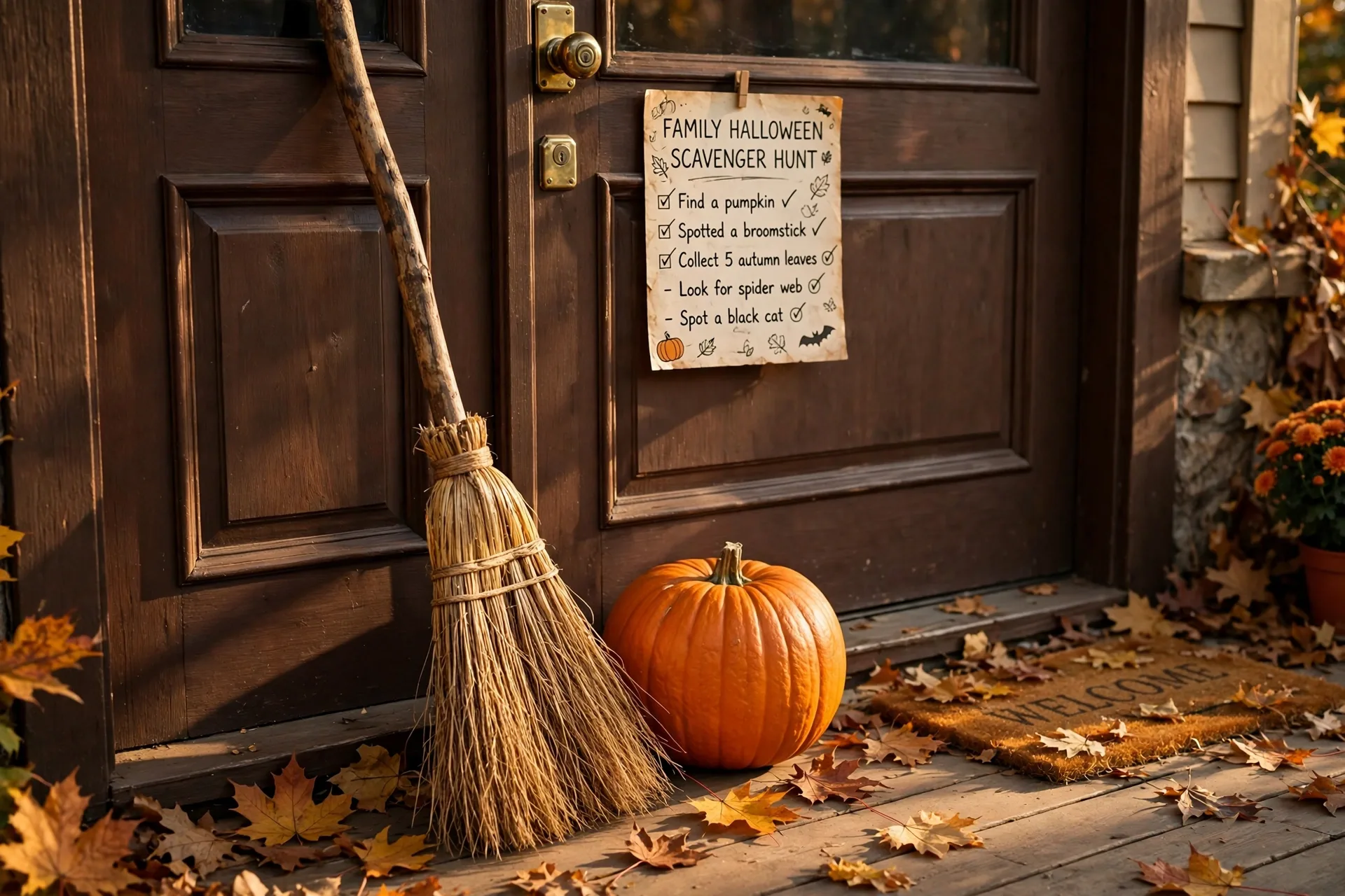 A witch's broomstick leaning against a front door next to a pumpkin