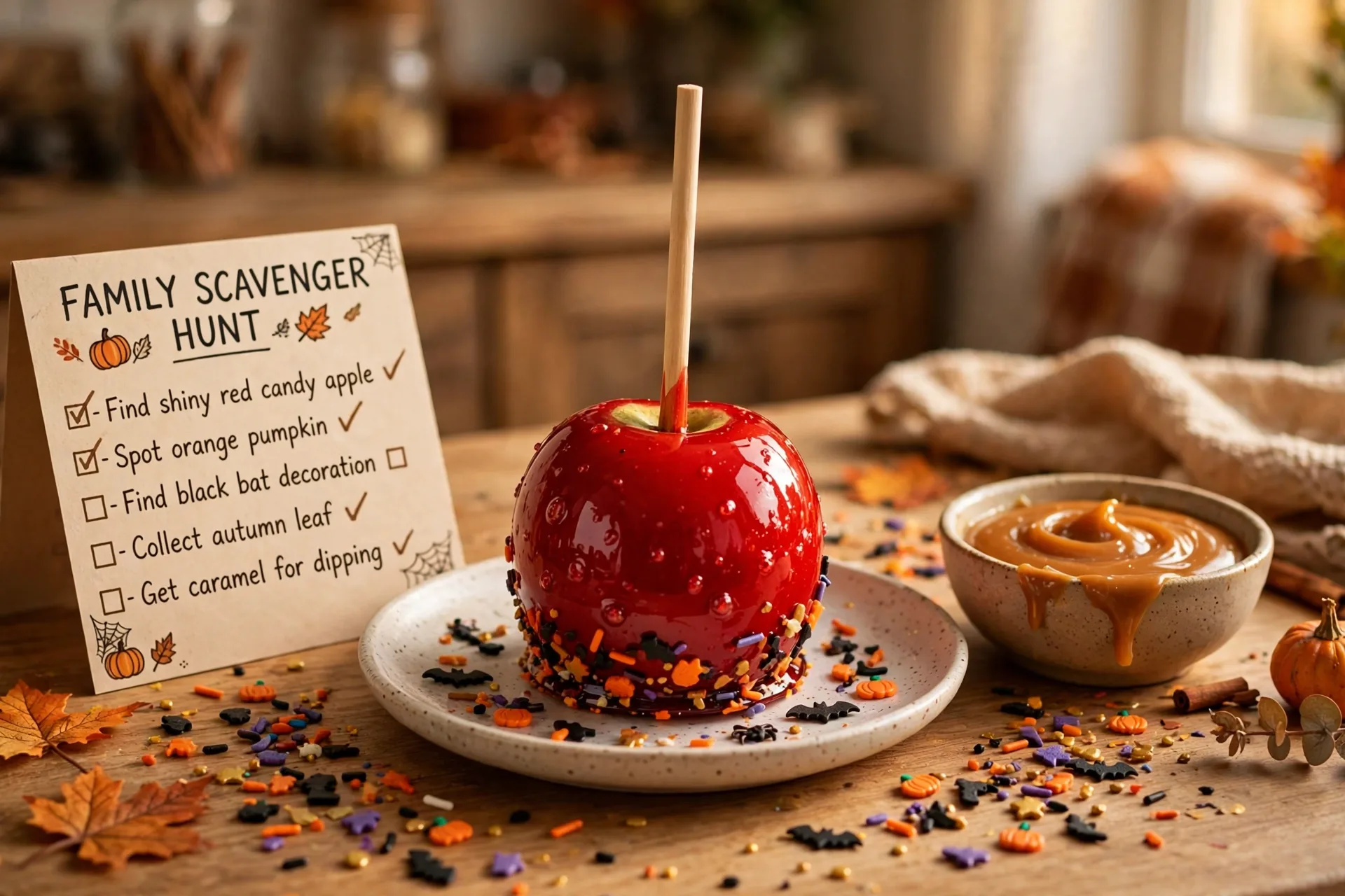 A shiny red candy apple on a stick on a plate on a kitchen counter