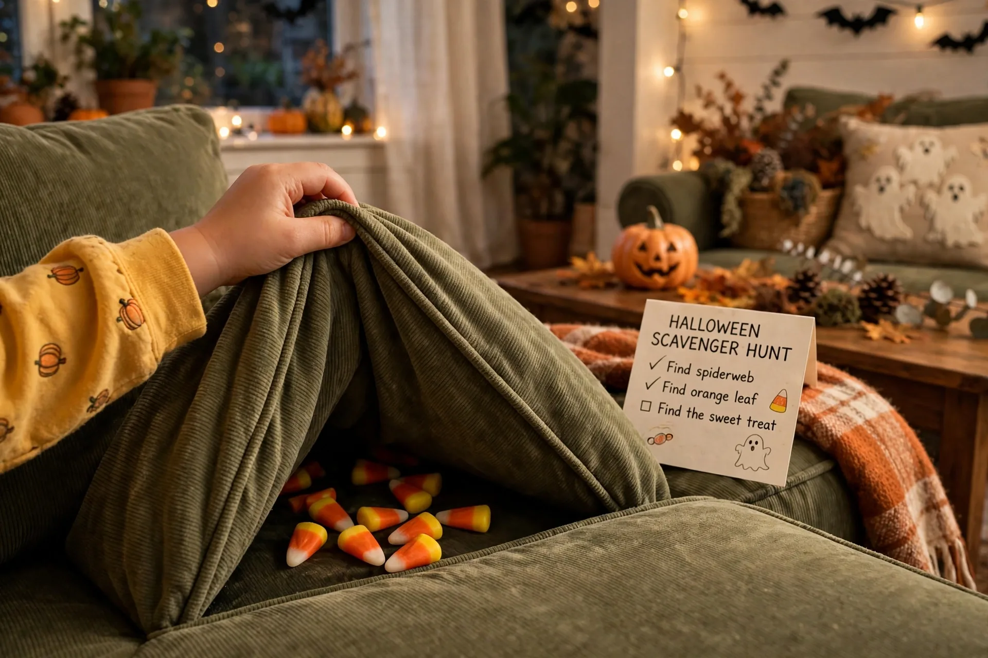 Orange, yellow and white candy corn pieces hidden under a couch cushion