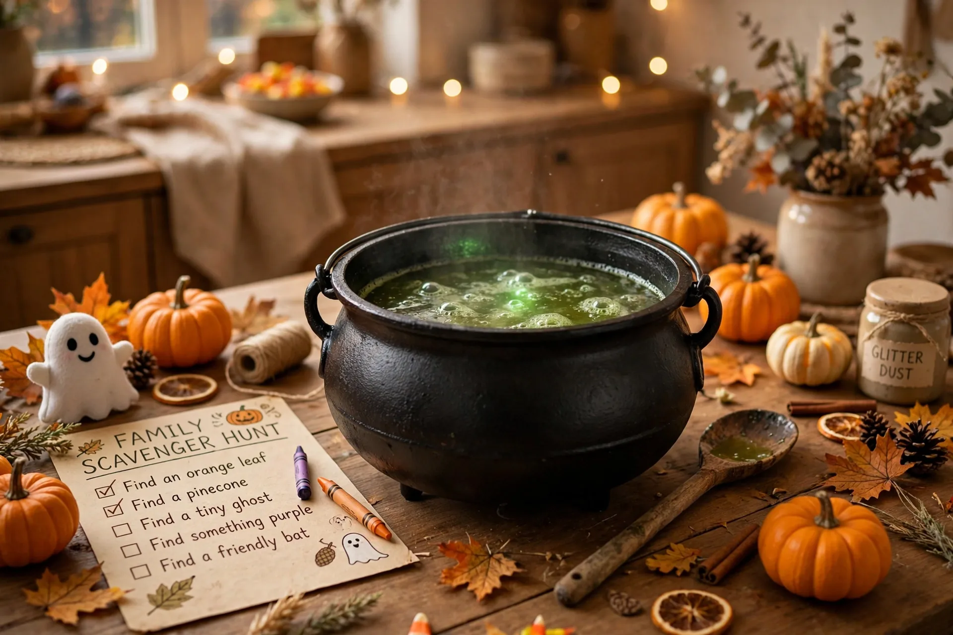 A black witch's cauldron with gently bubbling green liquid on a kitchen table