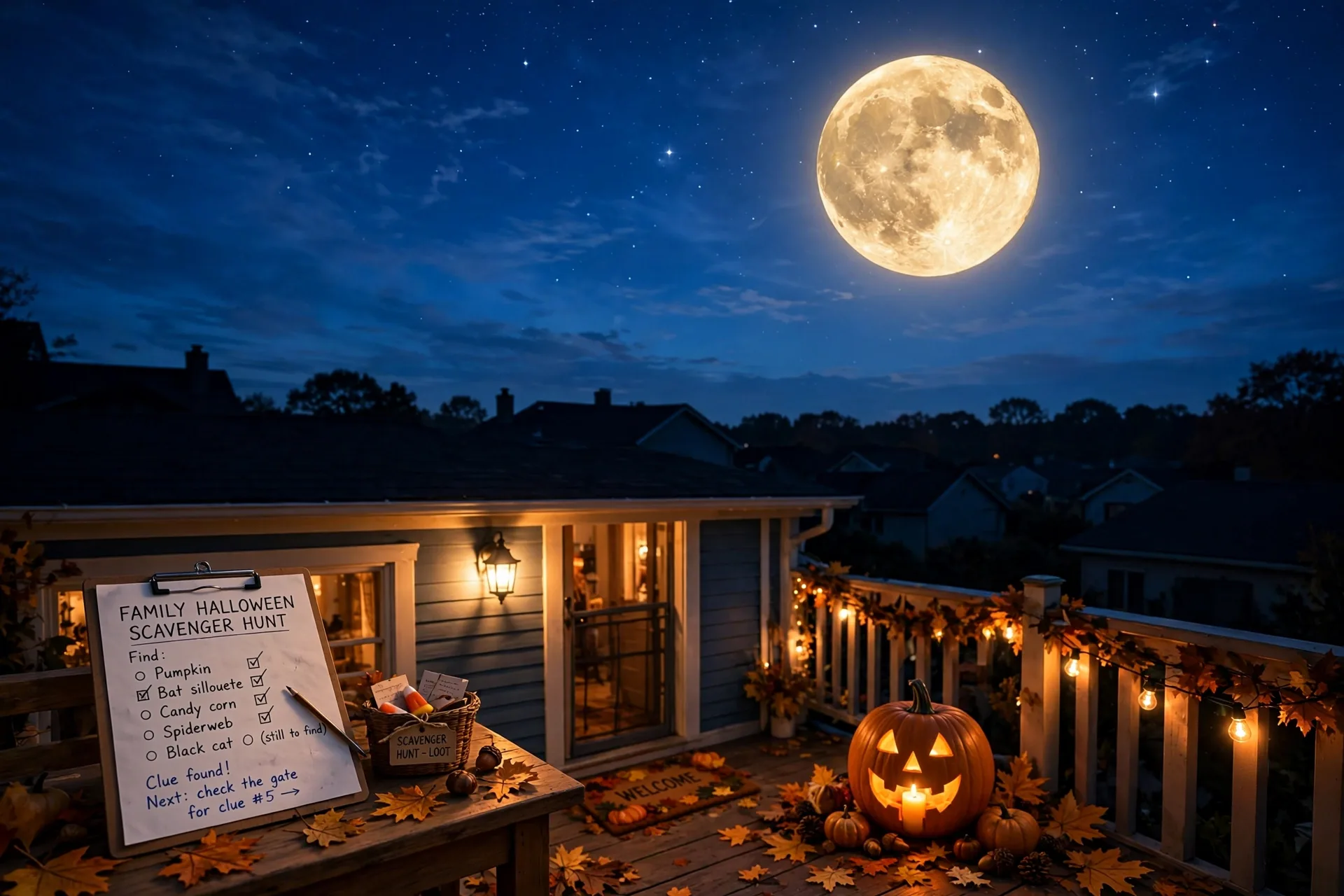 A big glowing full moon in the night sky above a house porch light