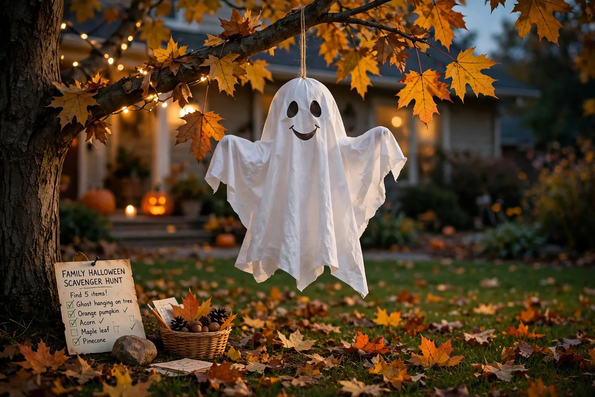 A friendly smiling paper ghost decoration hanging from a low tree branch in a front yard