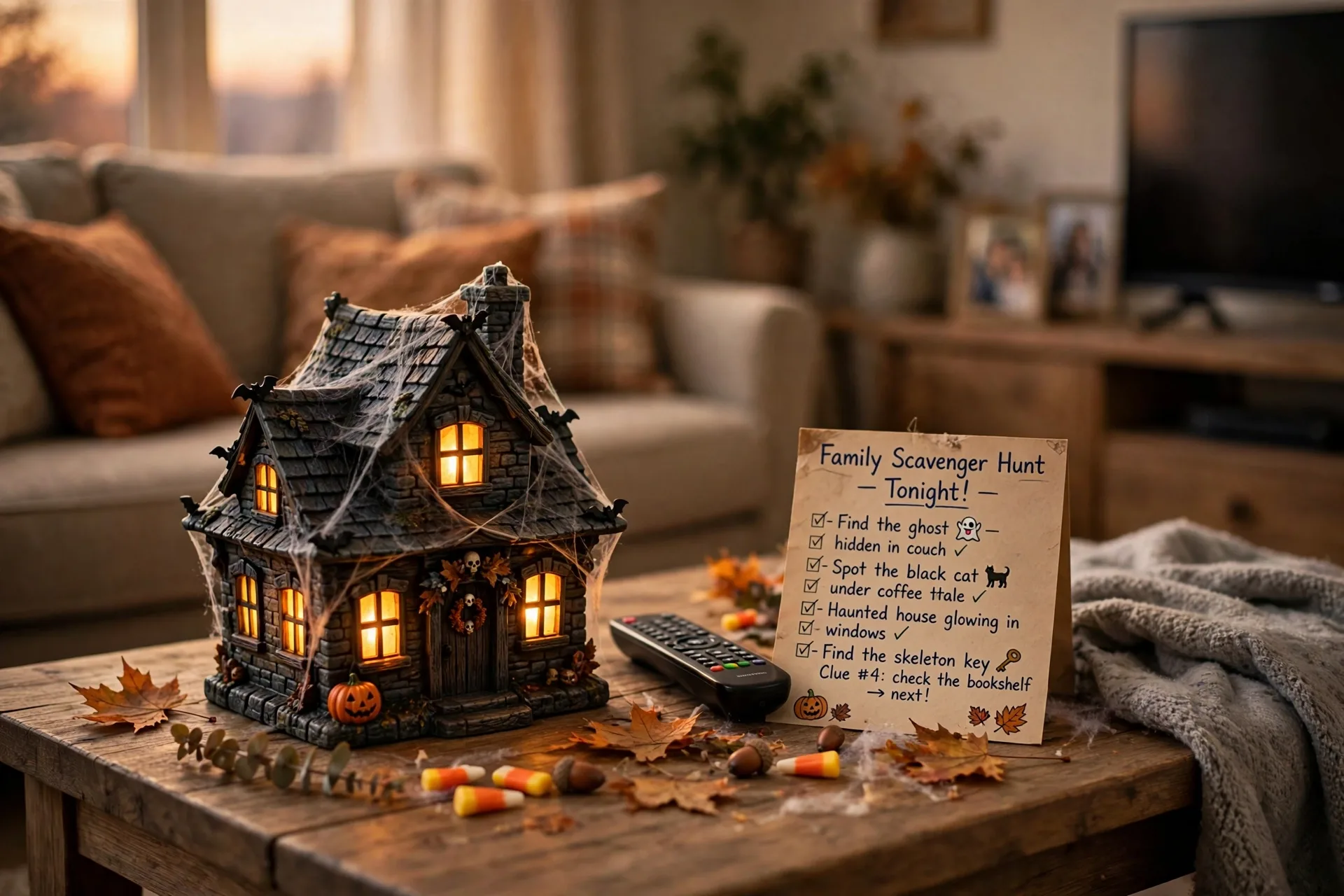 A small haunted house decoration with glowing windows on a coffee table next to a TV remote