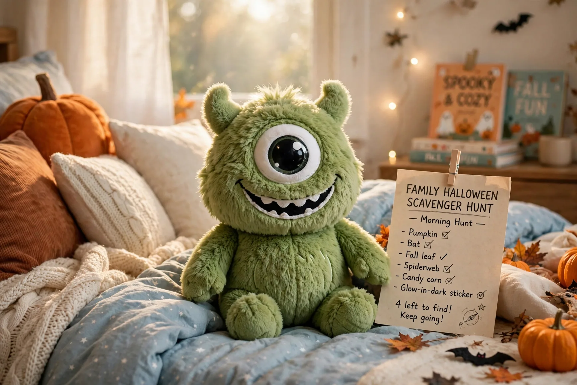 A cute friendly little green monster plush toy with one big eye sitting on a child's bed