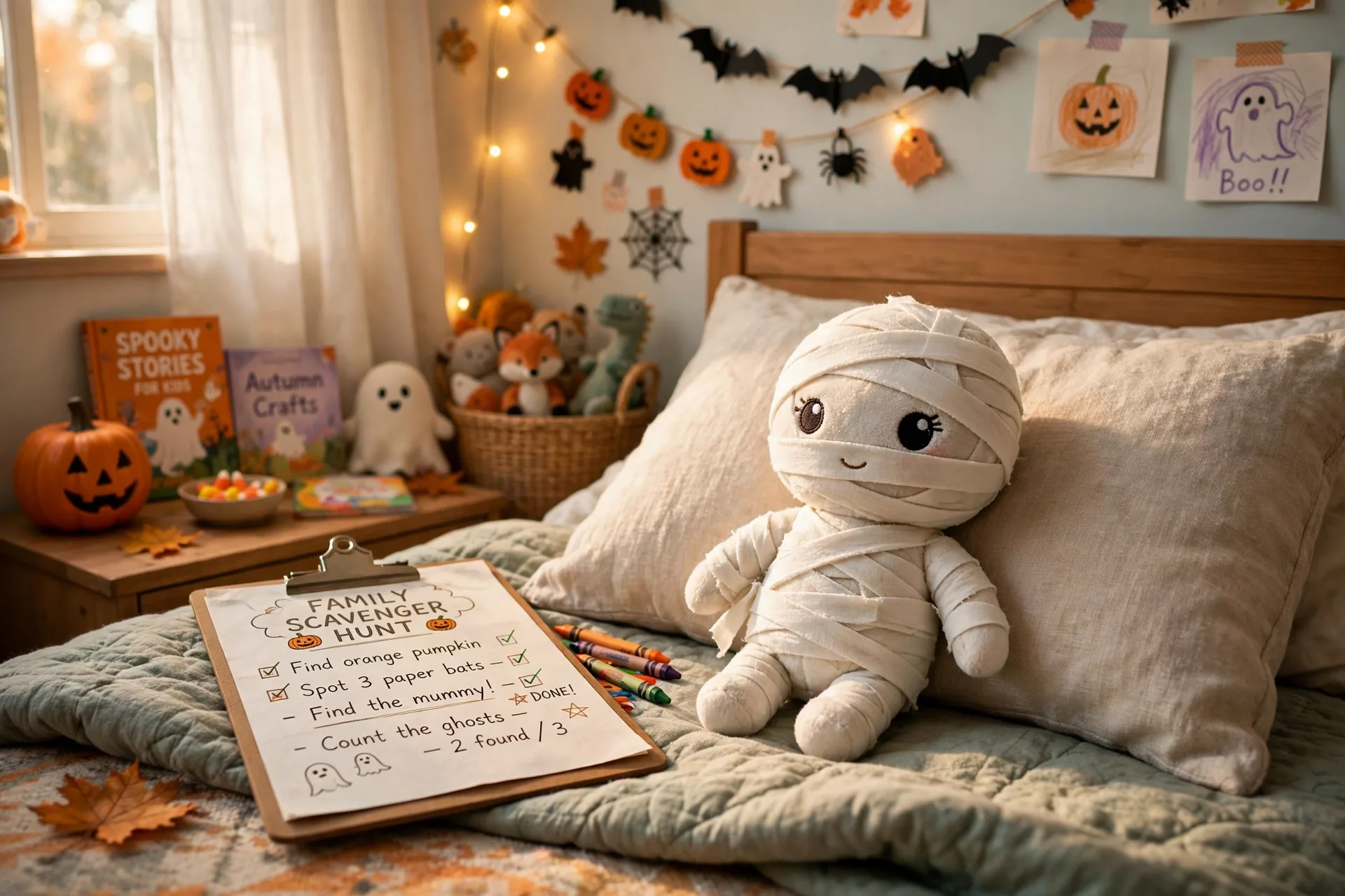 A small friendly mummy toy wrapped in white bandages resting on a bed pillow