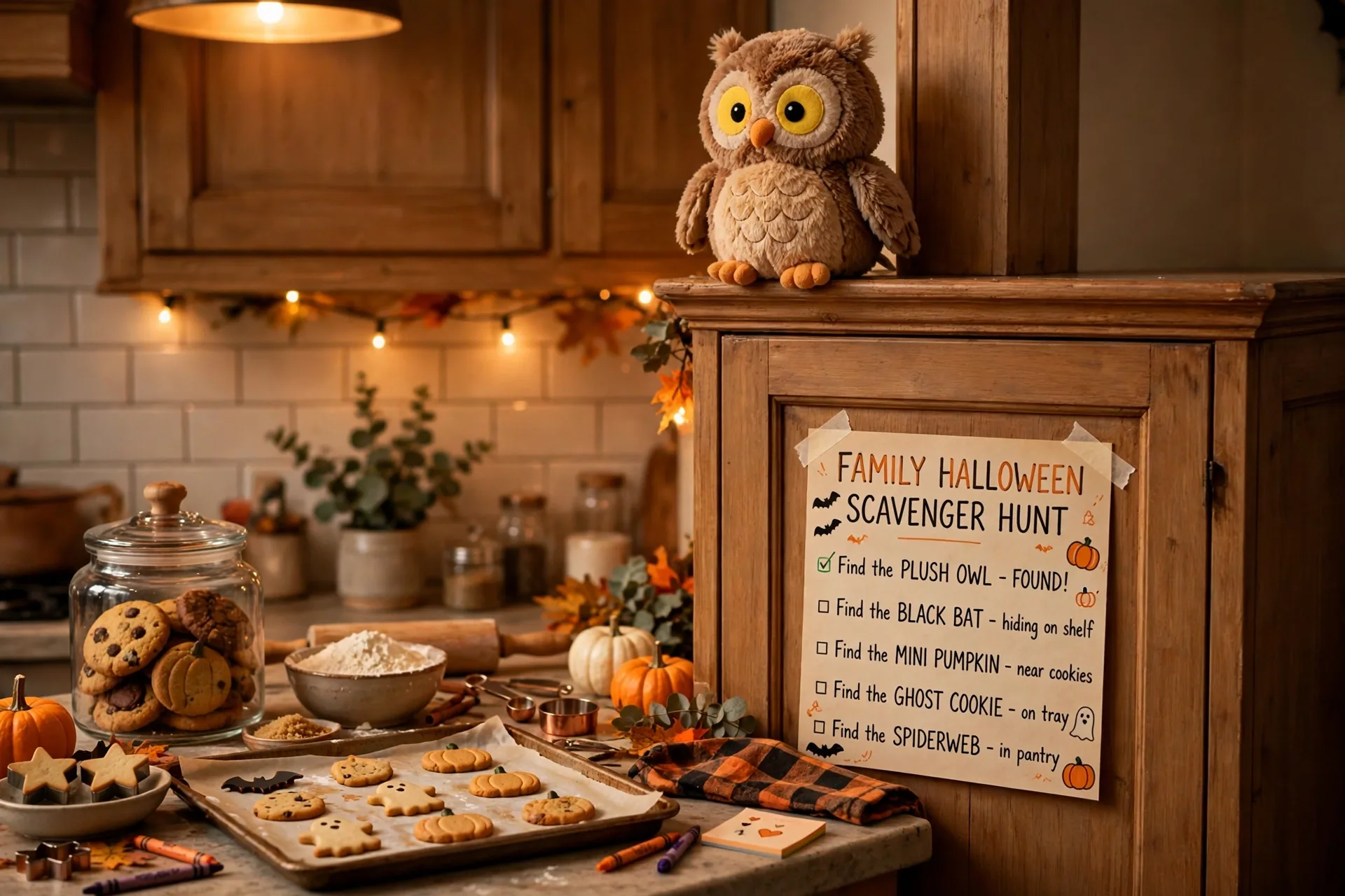 A cute plush owl toy perched on top of a kitchen cabinet