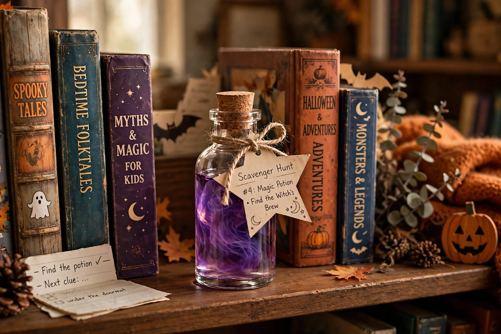 A small glass magic potion bottle with purple liquid on a bookshelf