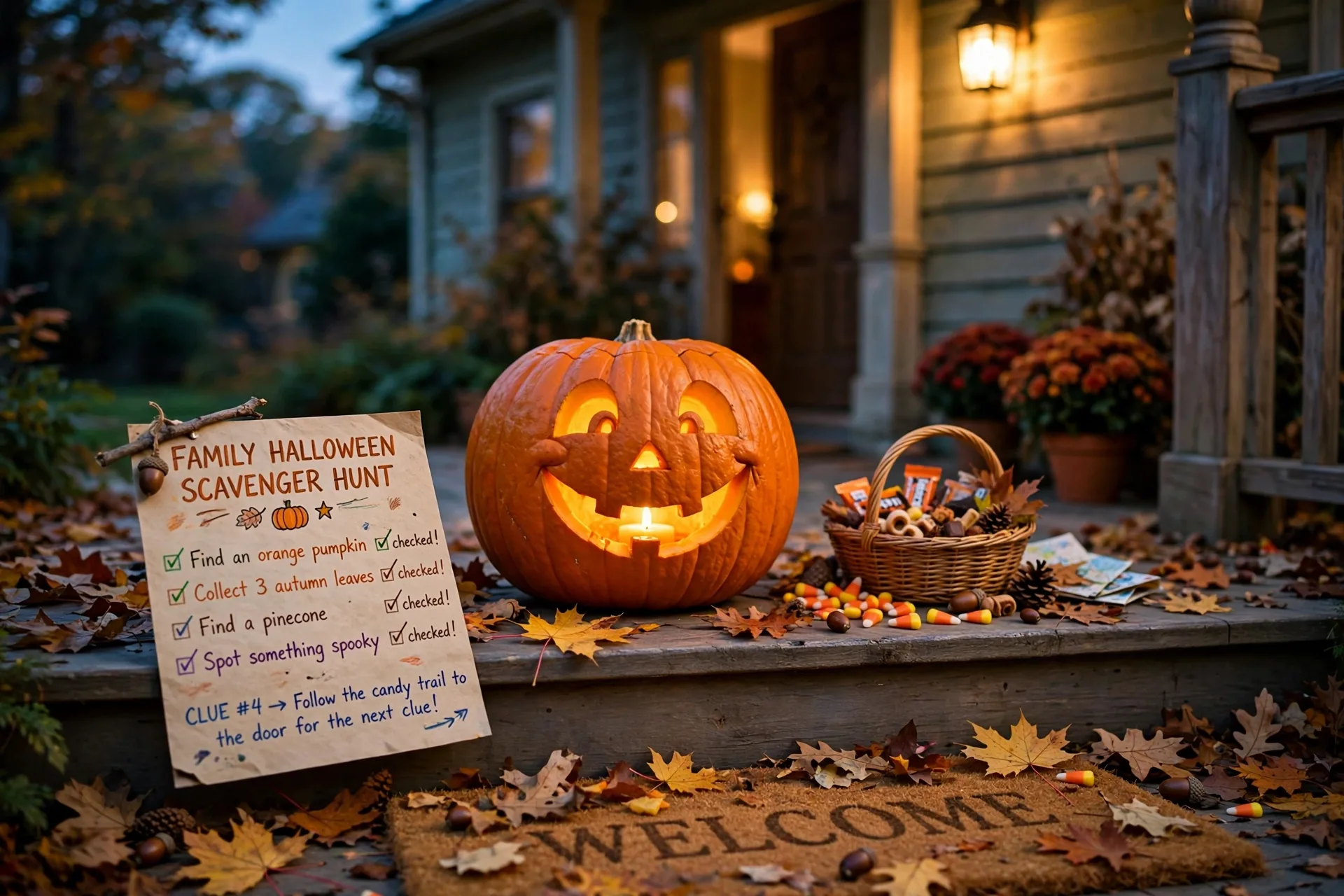 A carved jack-o-lantern pumpkin with a friendly smiling face on a front porch step at dusk