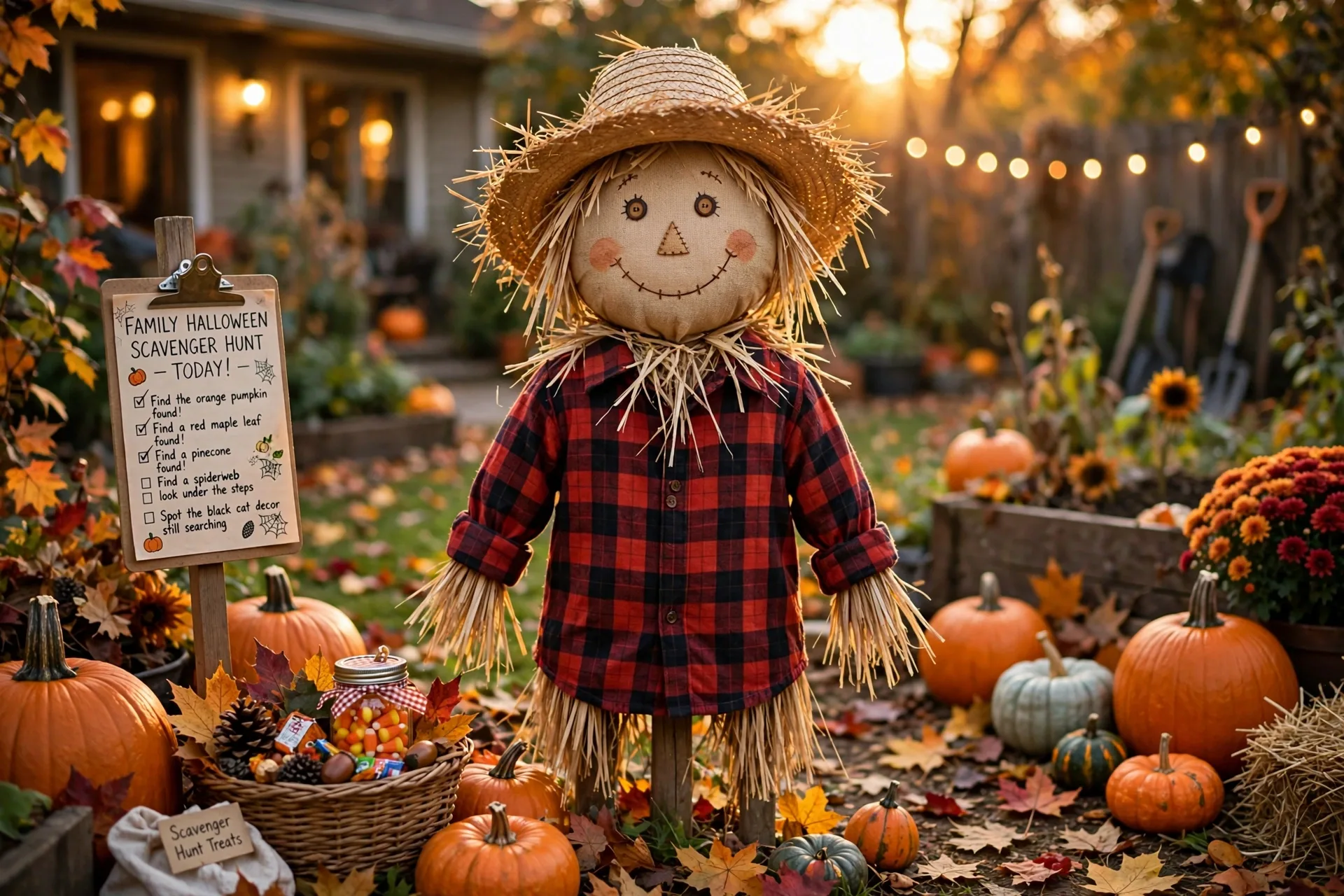 A friendly smiling scarecrow with a straw hat standing in a garden among pumpkins