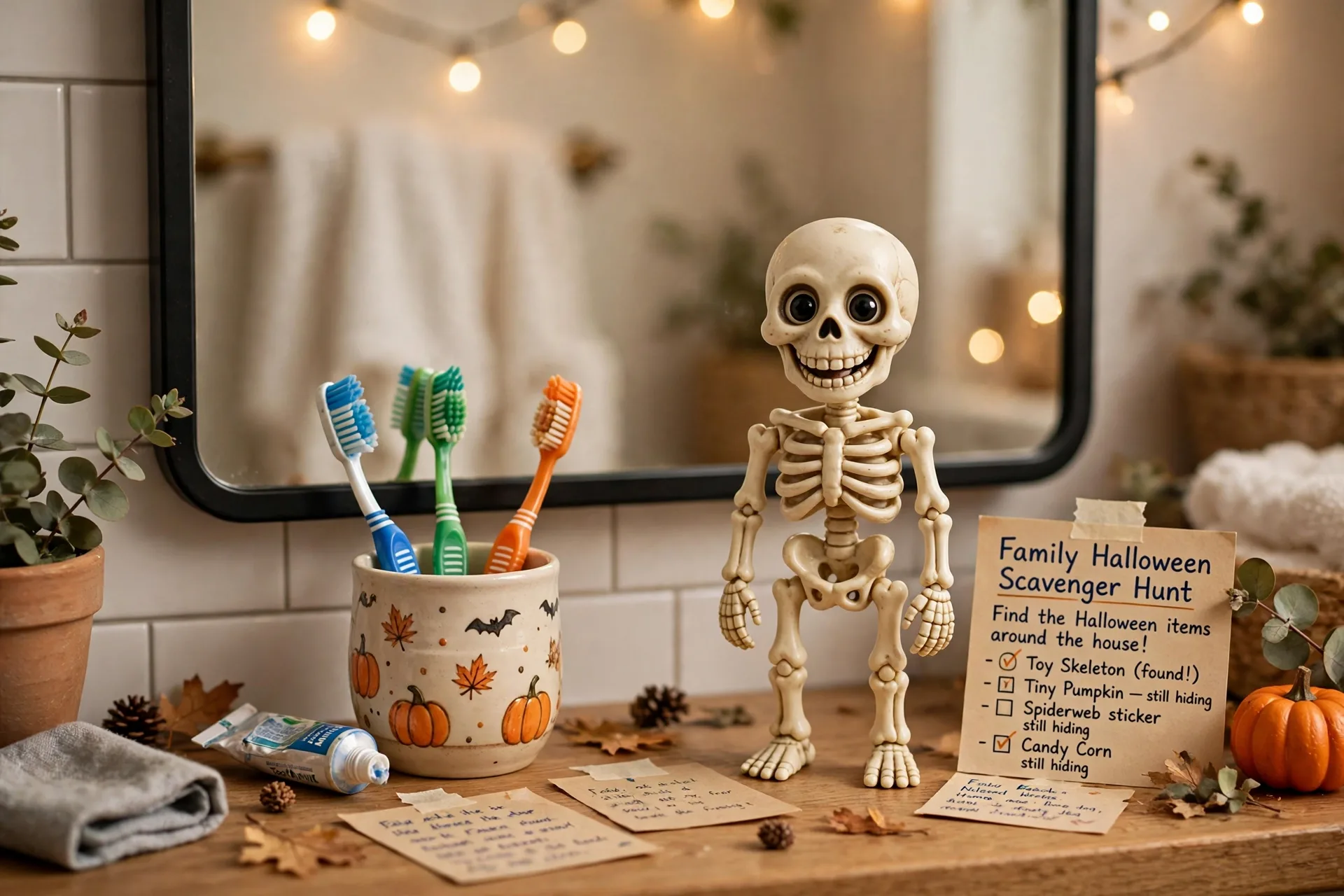 A small friendly toy skeleton with a big grin standing by a bathroom mirror