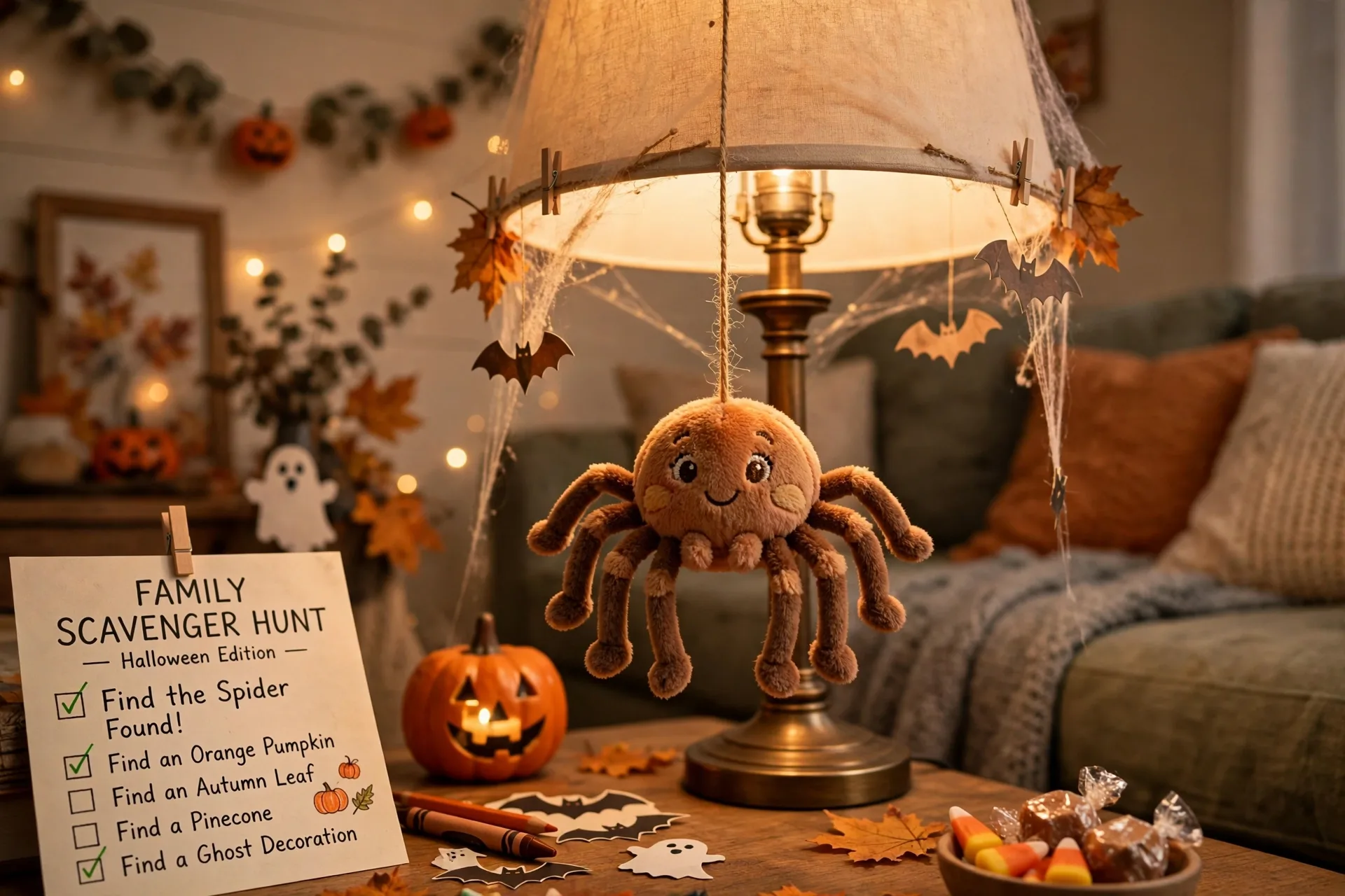 A friendly toy spider dangling on a thread from a living room lampshade