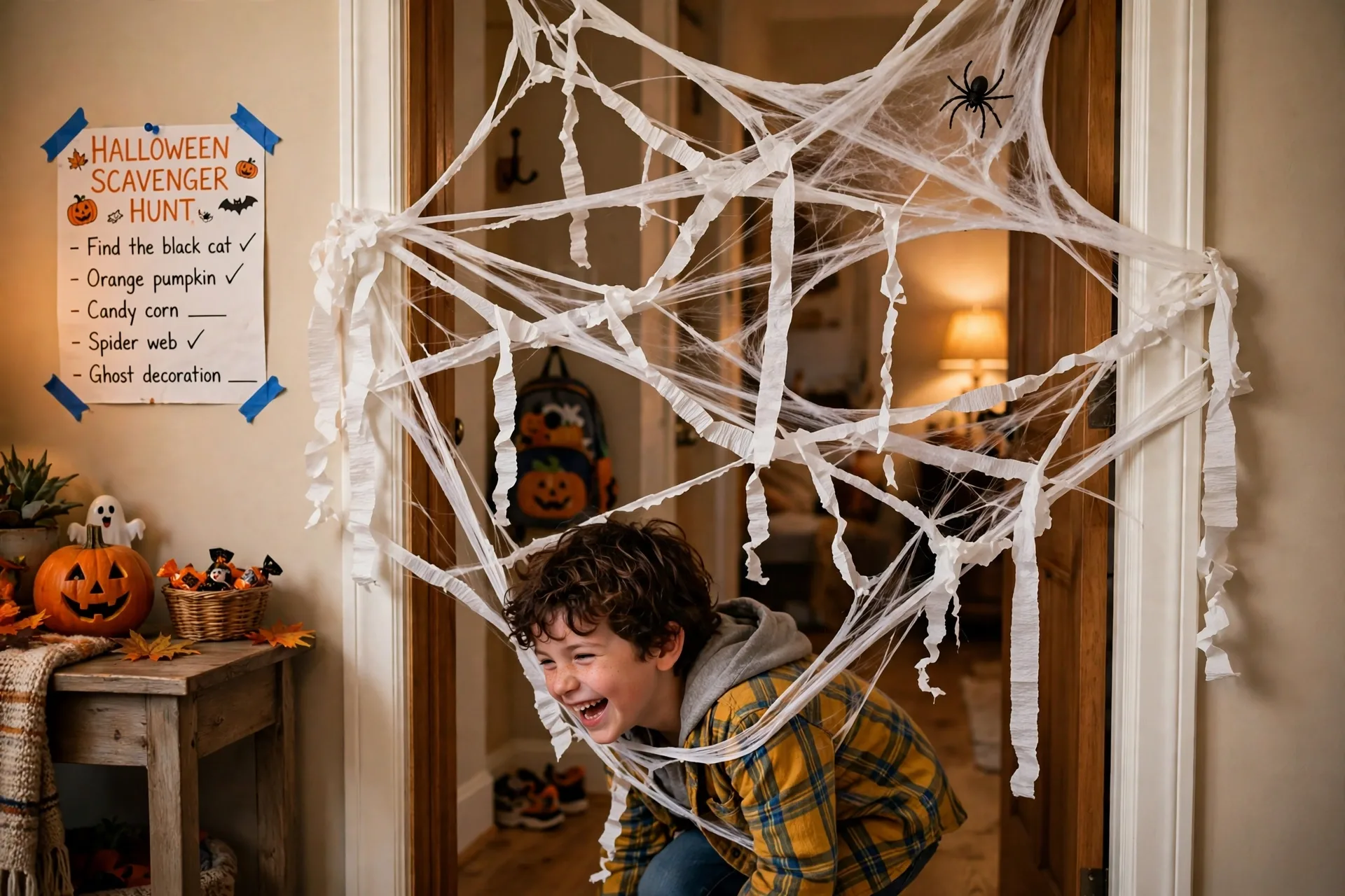 White crepe paper spider webbing stretched across a hallway doorway with a small plastic spider