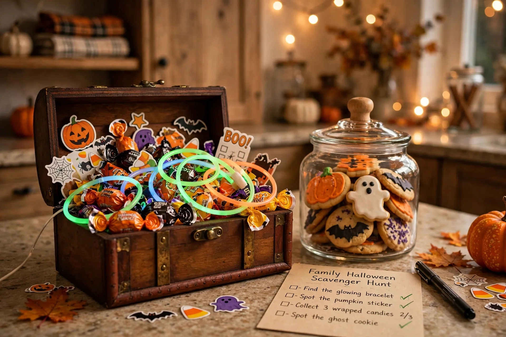 A small toy treasure chest overflowing with candy and stickers beside a glass cookie jar
