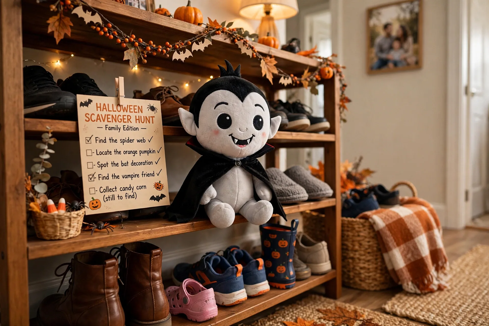 A friendly toy vampire figure with a black cape sitting on a shoe rack