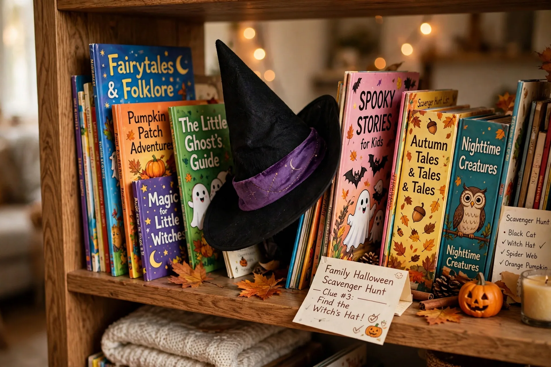 A pointy black witch hat with a purple band tucked between storybooks on a shelf