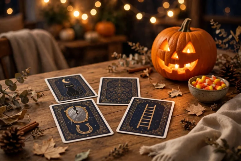 A cozy Halloween game night table with illustrated superstition question cards, a glowing jack-o'-lantern, and a bowl of candy corn