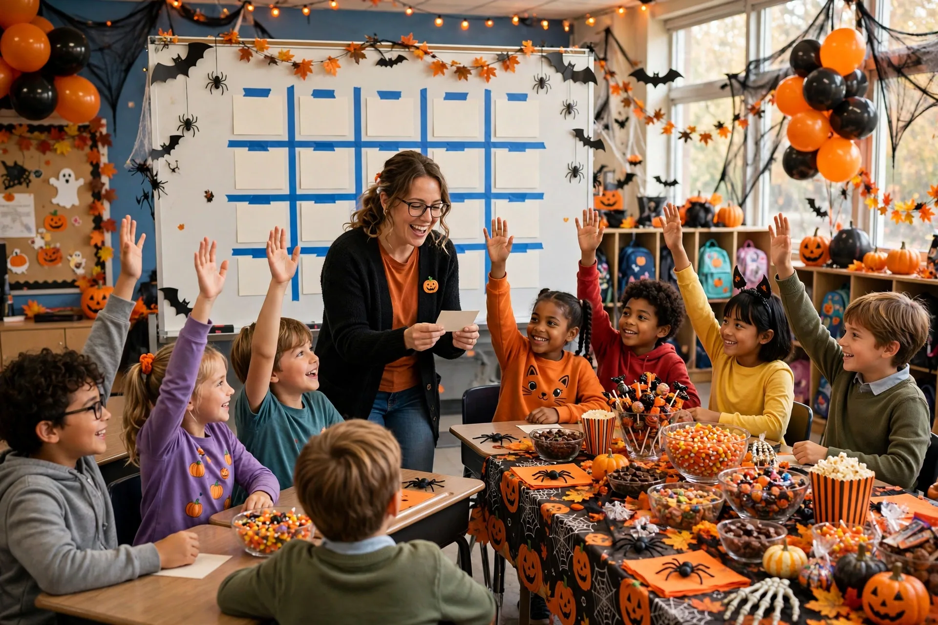 A classroom Halloween party with trivia question cards taped in a grid on the whiteboard and a candy-filled party table