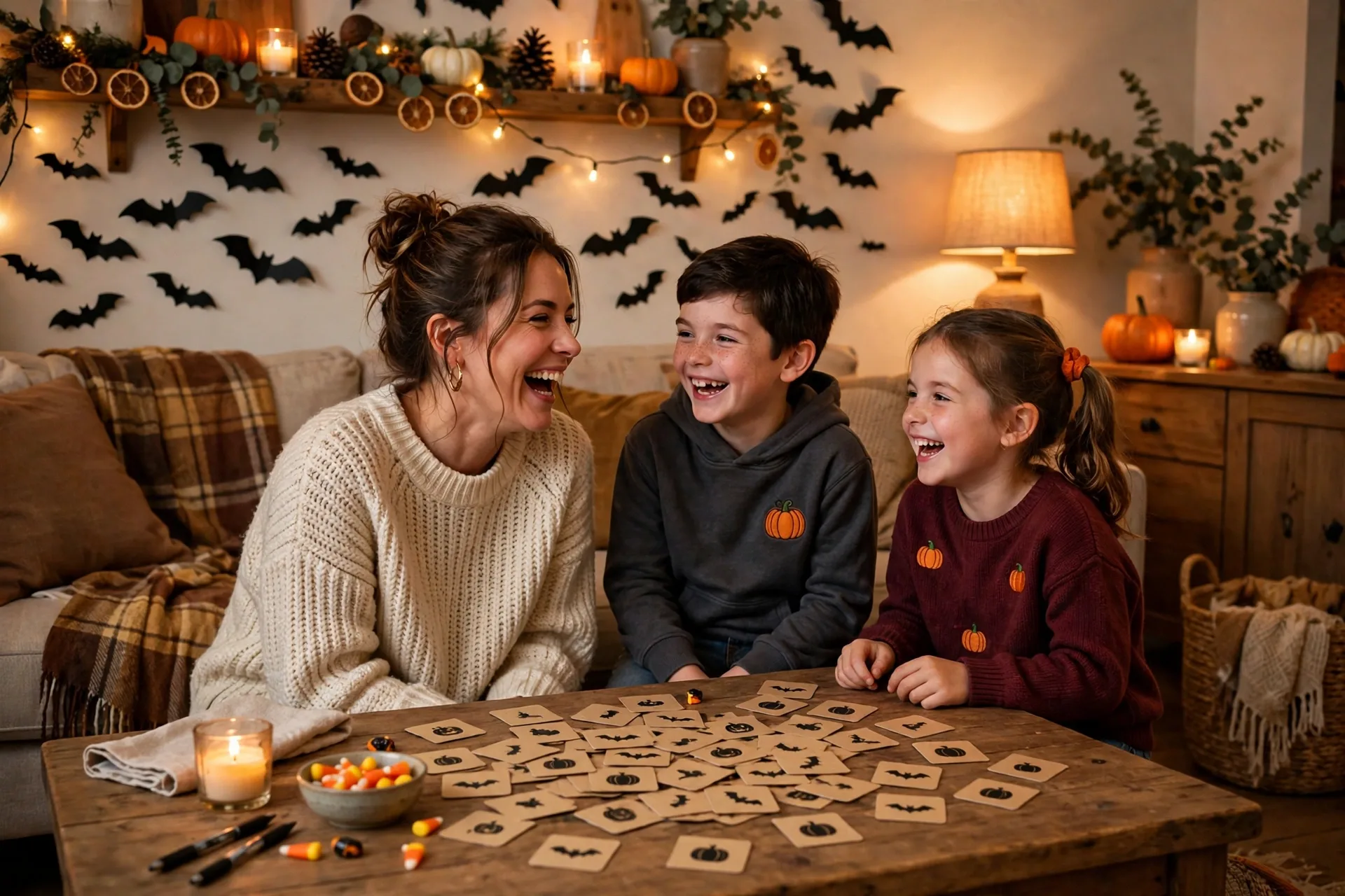 A laughing mother and two children playing a Halloween trivia game on a coffee table in a decorated living room