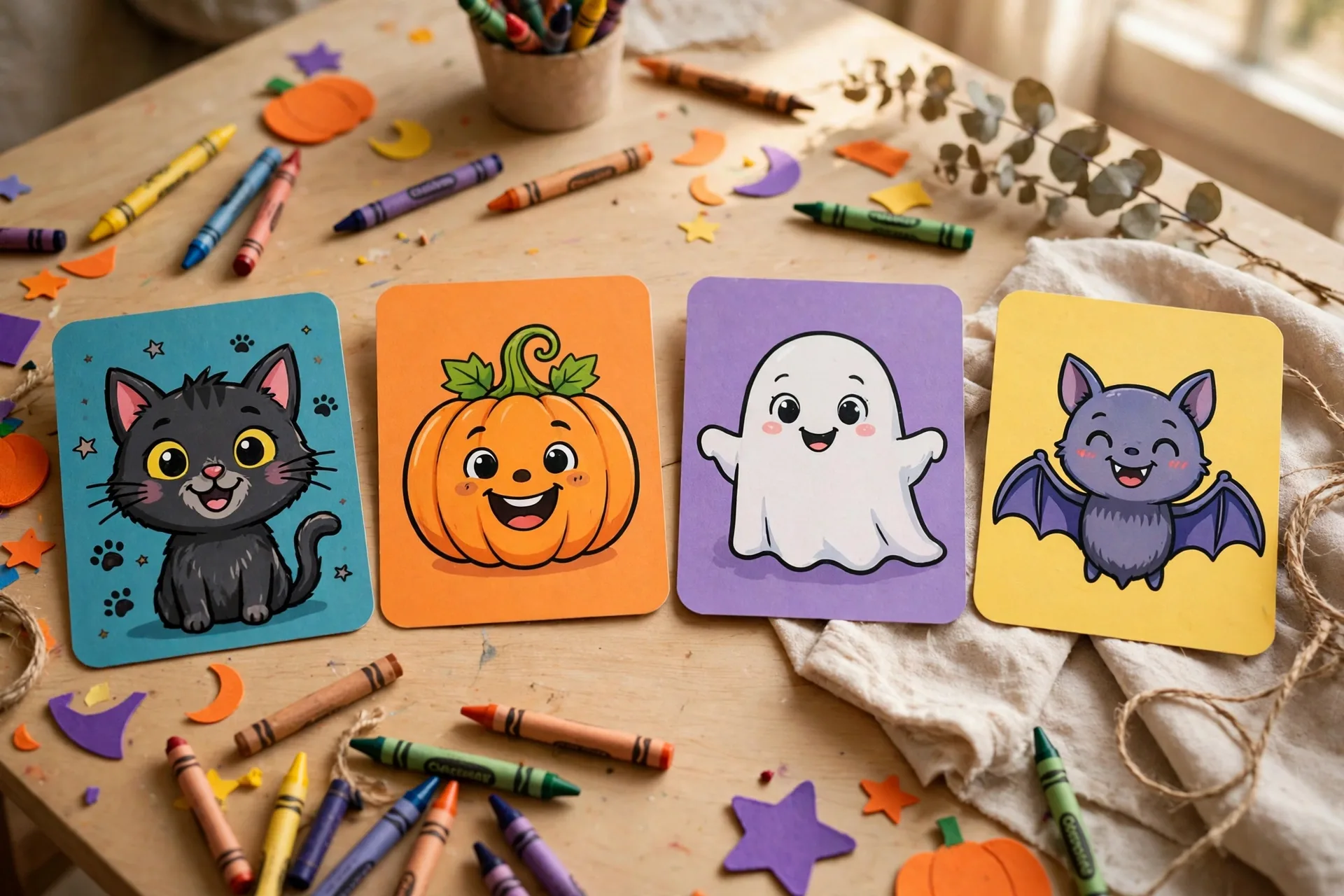 Friendly cartoon picture cards for kids with a smiling black cat, pumpkin, ghost and bat on a craft table