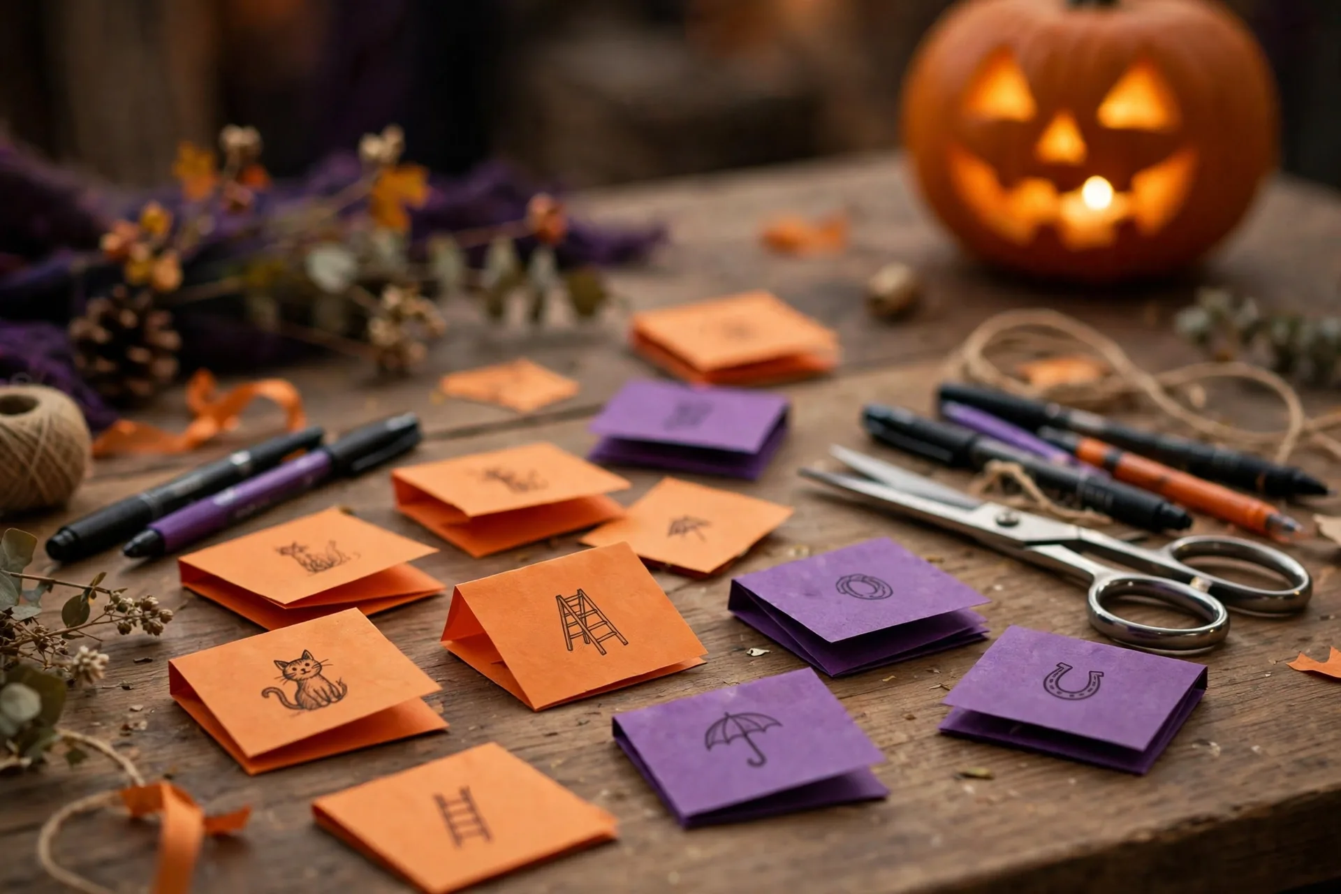 Handmade orange and purple Halloween trivia question slips with black cat, ladder, umbrella and horseshoe doodles on a craft table