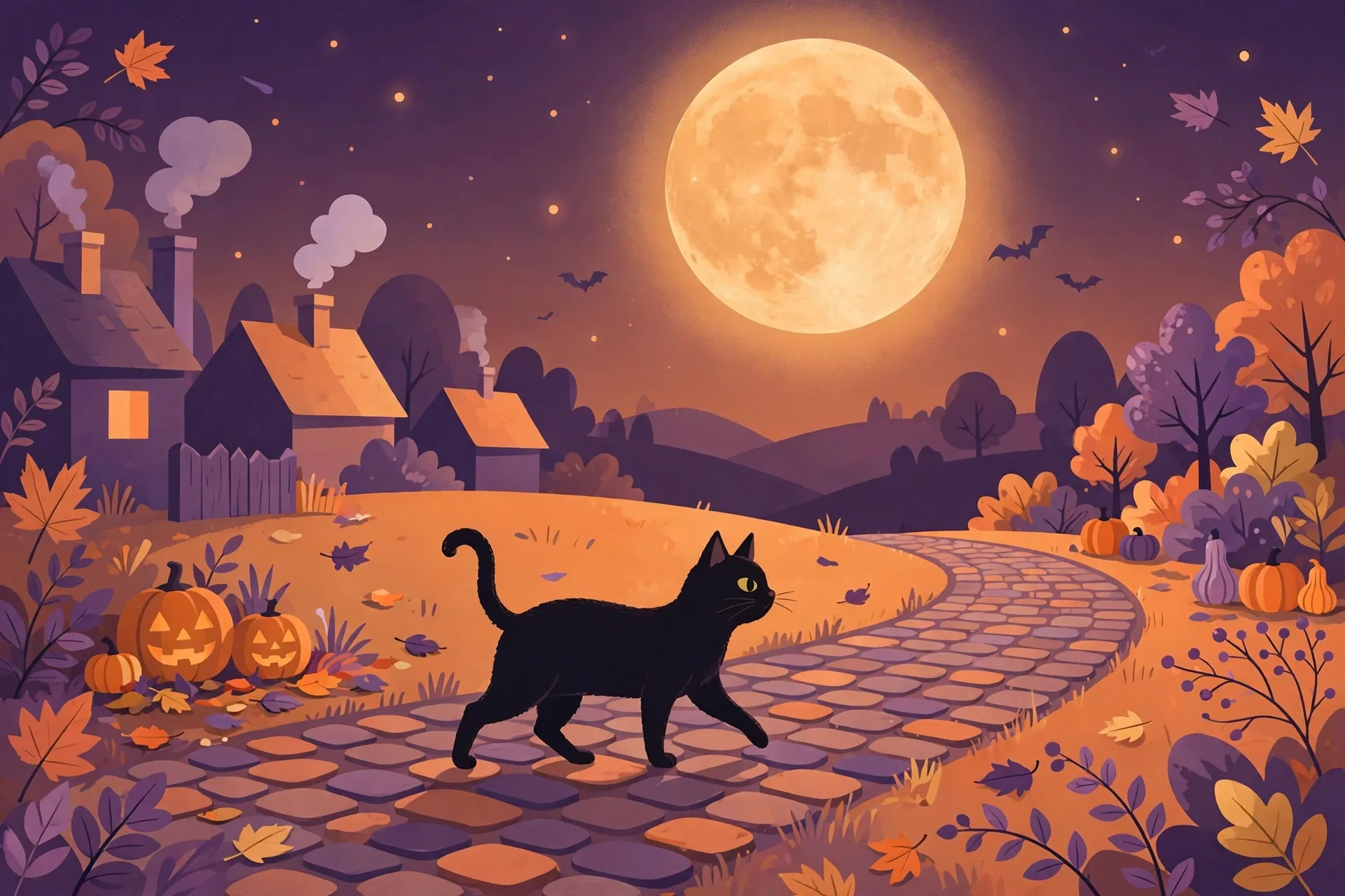 Flat illustration of a black cat crossing a path under a full moon