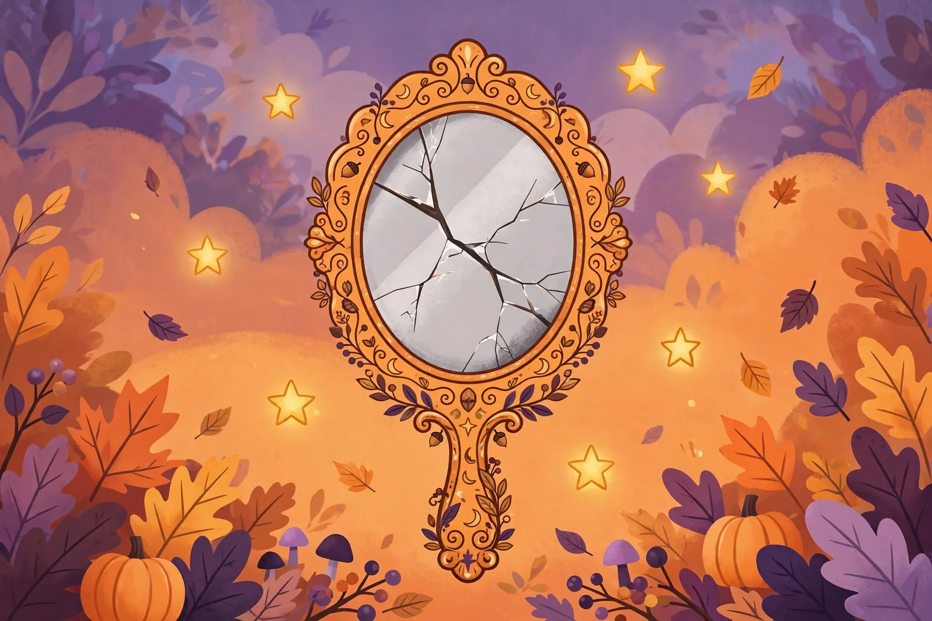 Flat illustration of a cracked hand mirror with seven golden stars